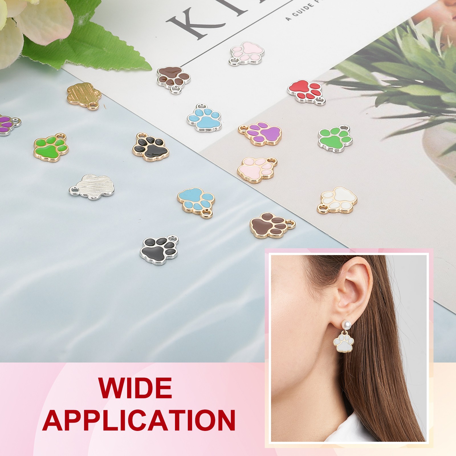 Enamel Paw Print Charm, 100Pcs Alloy Enamel Pendants , White/gold