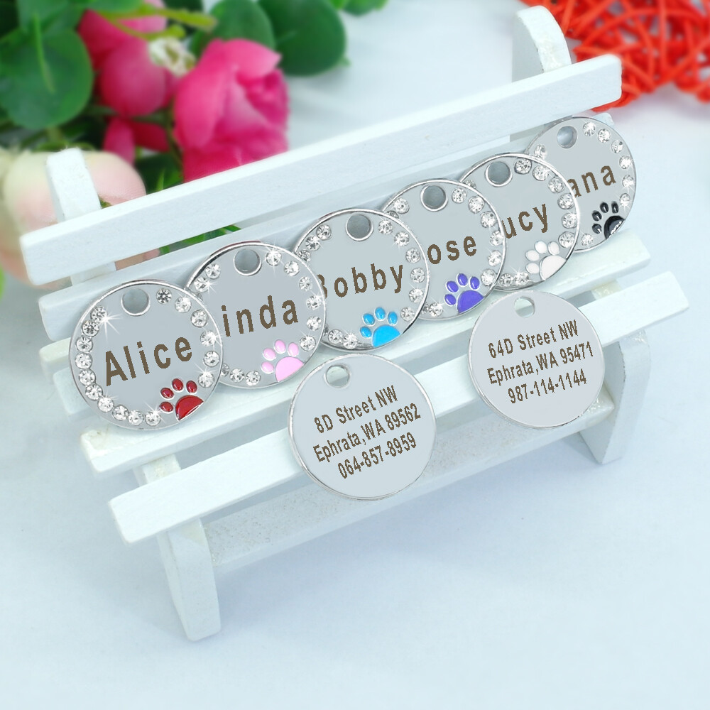 Glitter Paw Dog Tag Bling Rhinestones Personalized Custom Name ID Engraved Cat