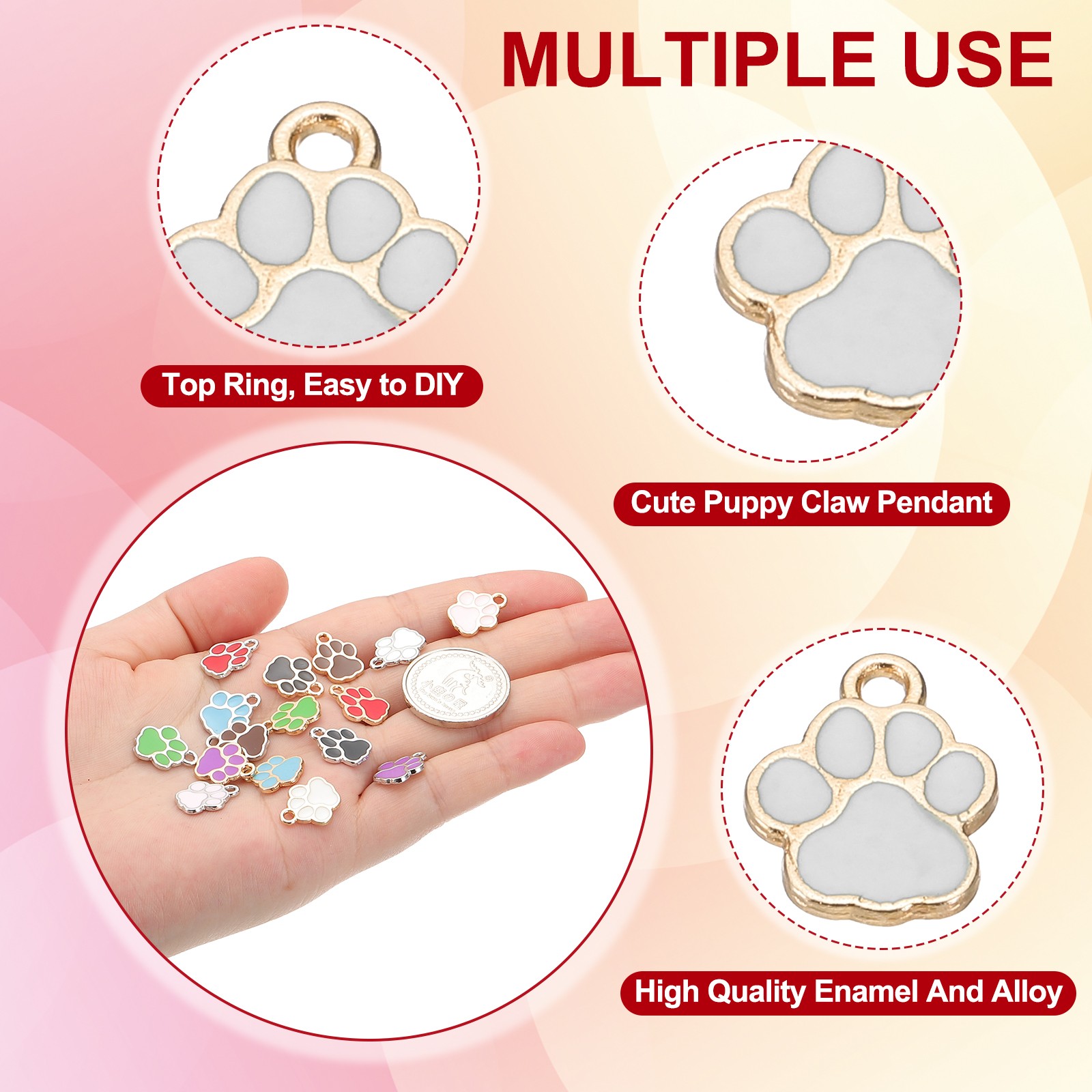Enamel Paw Print Charm, 100Pcs Alloy Enamel Pendants , White/gold