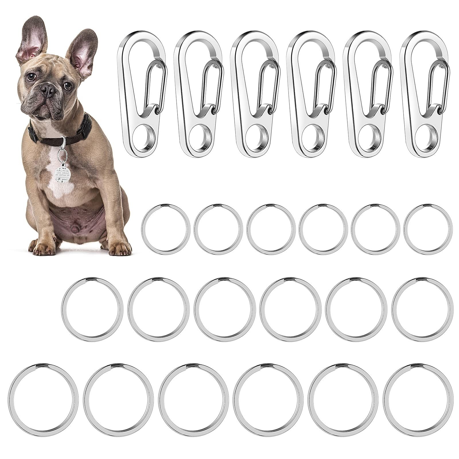 24 PCS Dog Tag Clips with Rings Stainless Steel Pet ID Quick Release Collar Harn