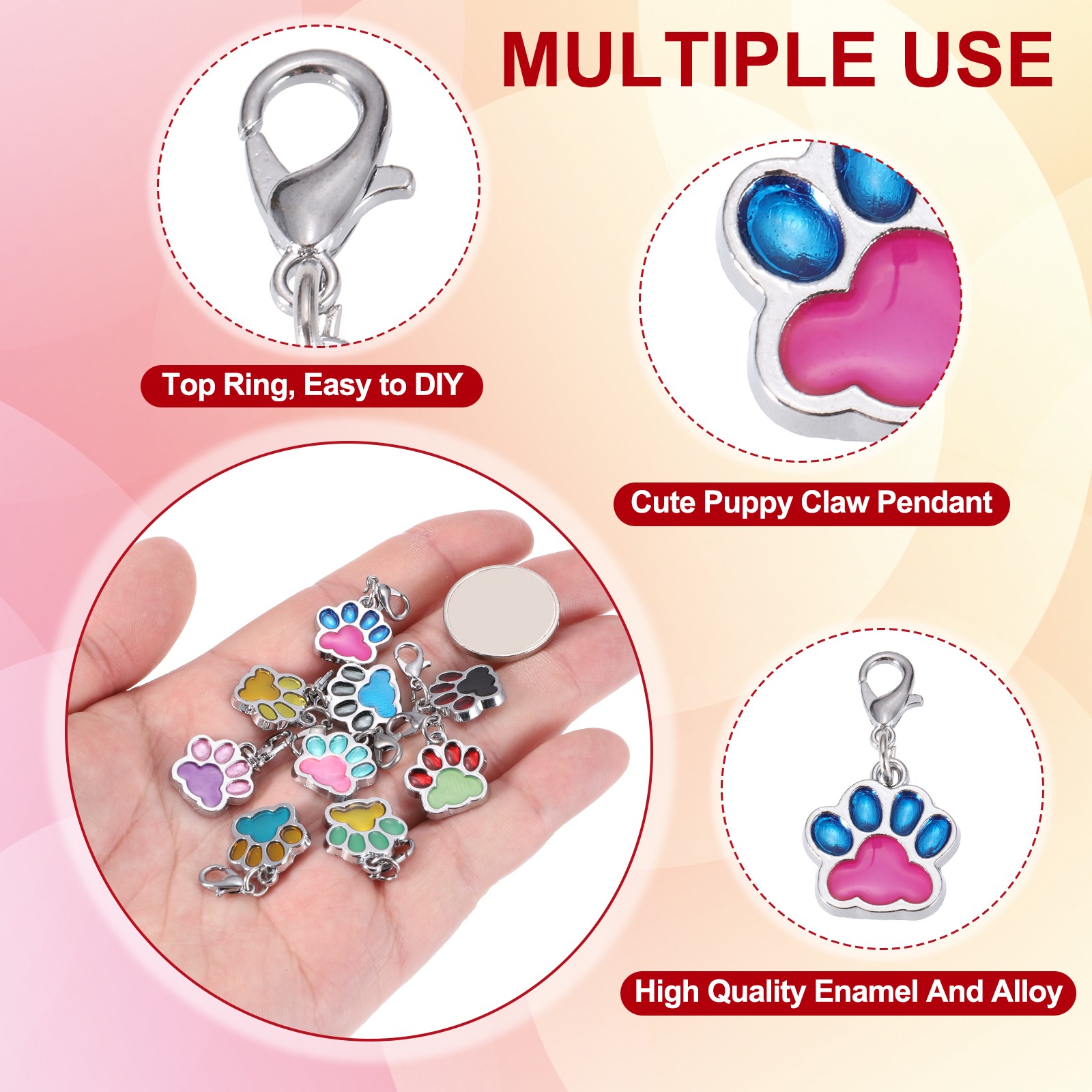 Enamel Paw Print Charm, 15Pcs Alloy Enamel Pendants, Multi-colored