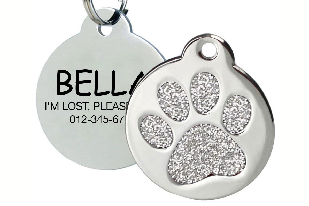 Personalized Glitter Paw Dog Tag, Cat ID | Engraved Pet Tag USA