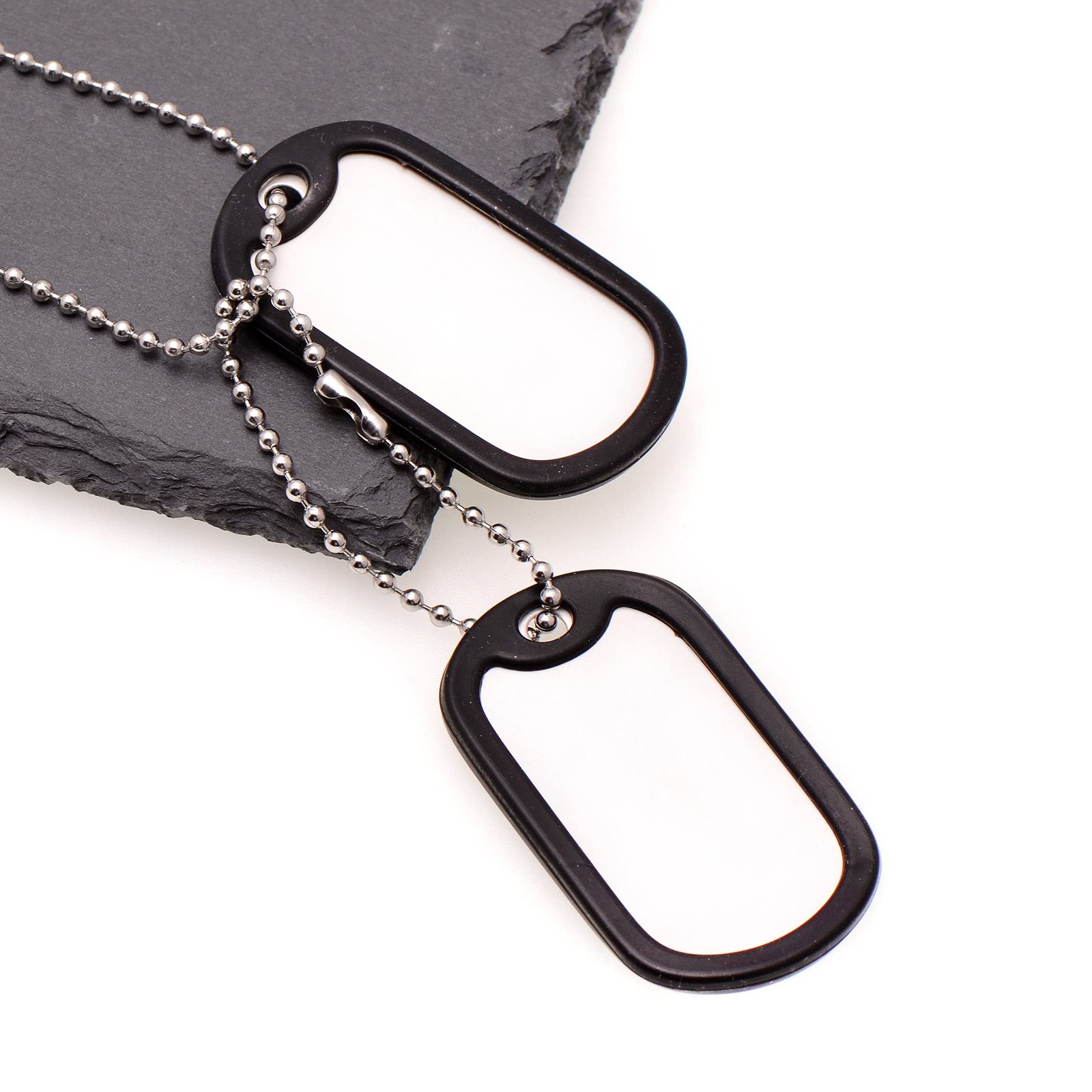 Stainless Steel Dog Tags Military Set Complete with Chains & Black Silencers