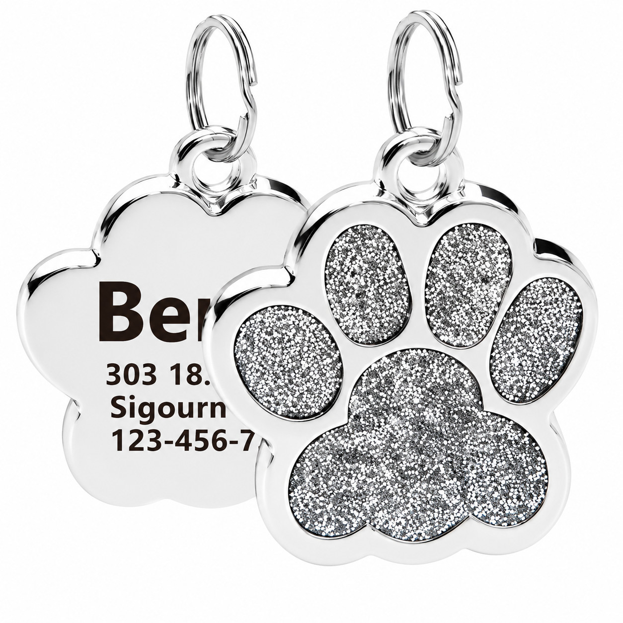 Personalized Pet ID Tag Custom Engraved Dog Cat Name Tag Glitter Paw Charm