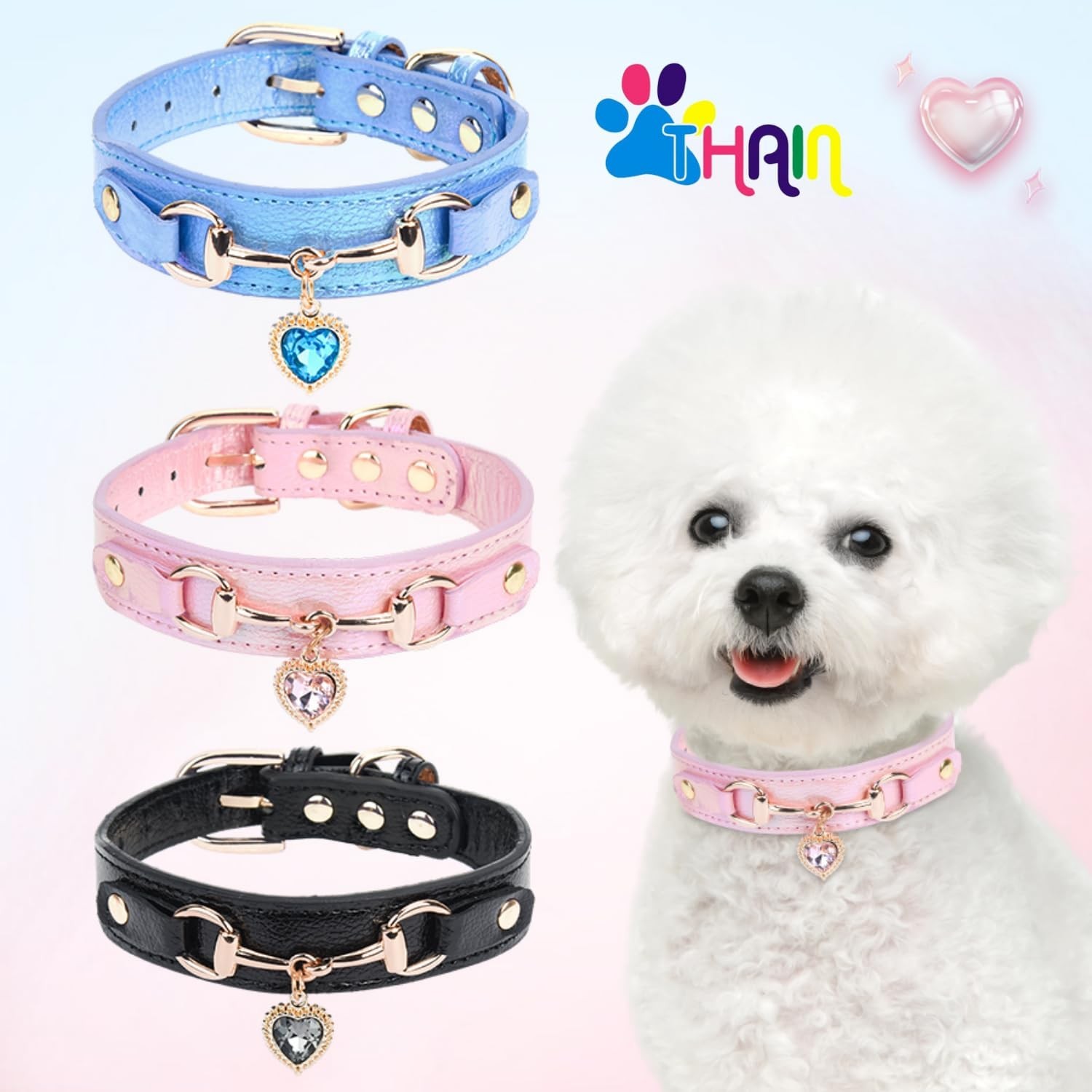 THAIN Fashion Dog Collar with Bling Diamonds & Heart Charm – 5 Holes Adjus