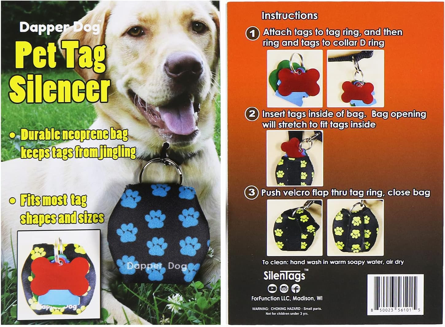 Dapper Dog – Dog Tag Silencer with Tag Ring (Black with Dark Blue Paw Prints)