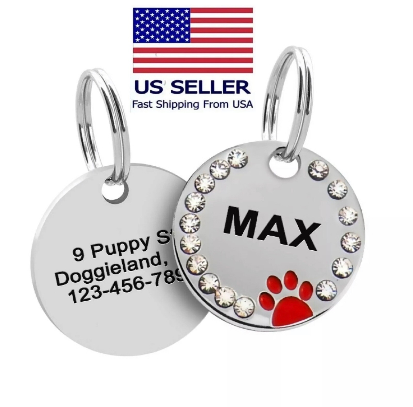 Custom Sparkling Paw Double Sided Pet Tags Crystals Pet ID Engraved Cute Dog ID