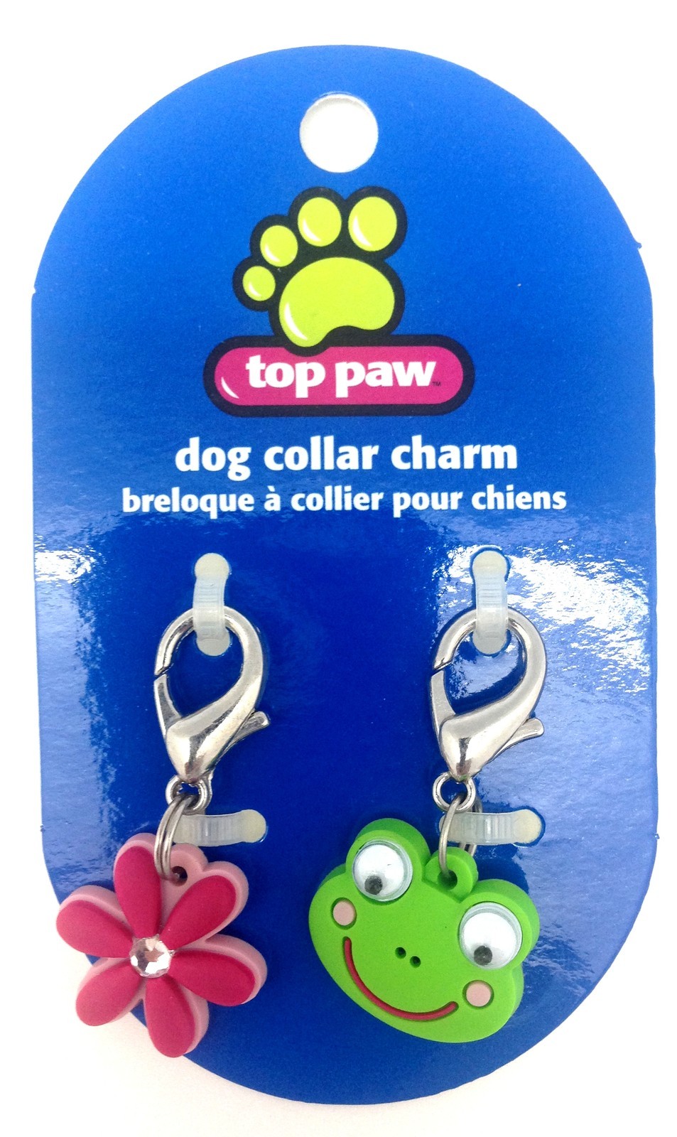 New 2 Pack Top Paw Dog Collar Charm Set Pink Flower Diamond Green Frog Eyes Clip