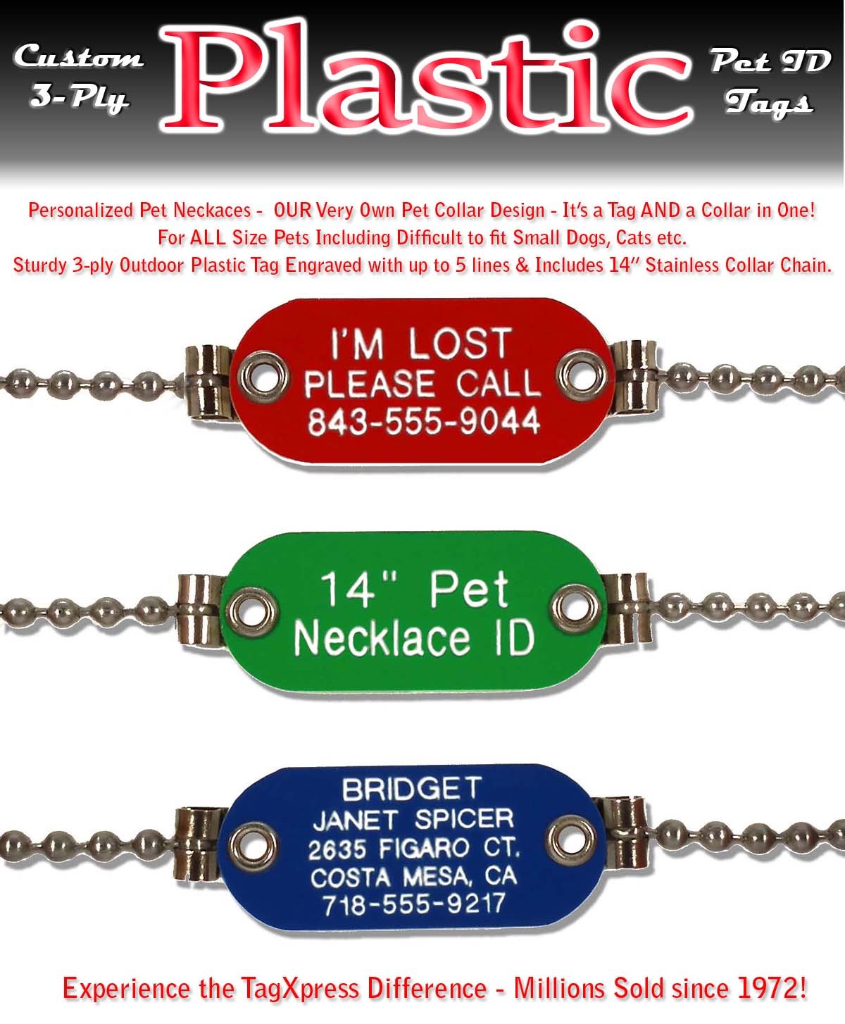 PET ID Collar Necklace-Custom Engraved SMALL Dog Cat Identification Name Tag