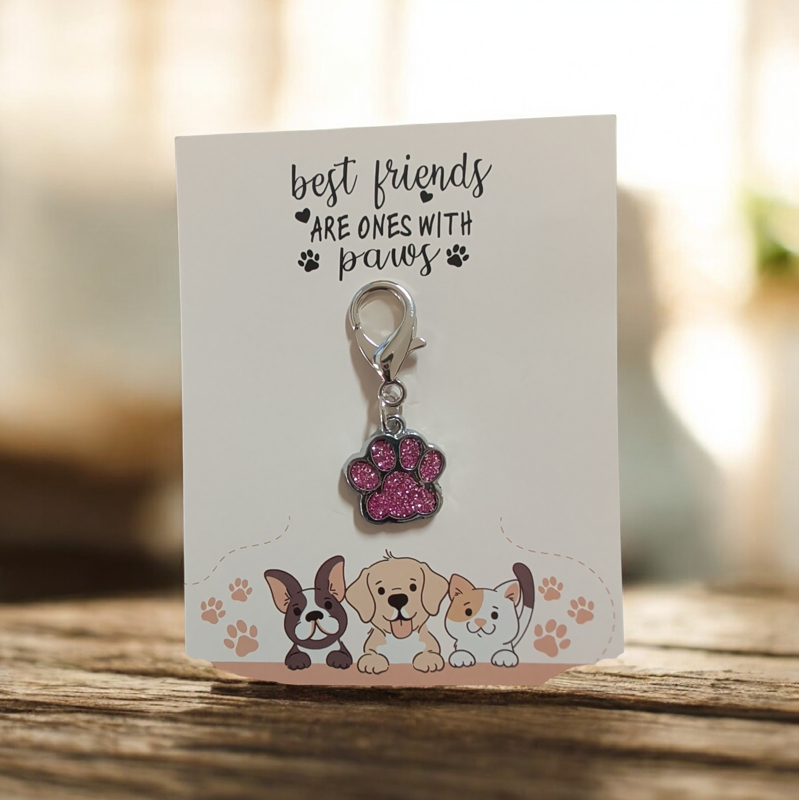 Silver & Pink Enamel Paw Print Pet Collar Charm
