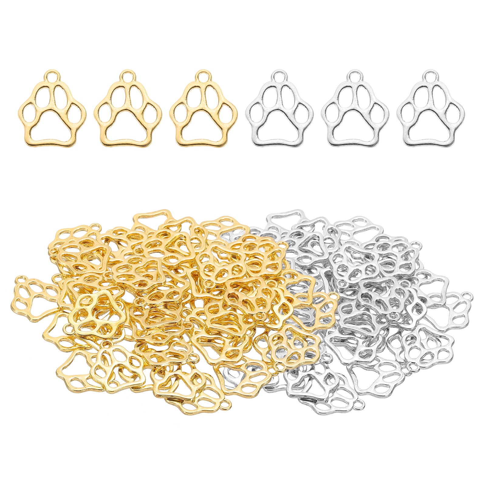 Hollow Paw Print Charm, 100Pcs Alloy Footprint Pendants, Gold/Bright Silver