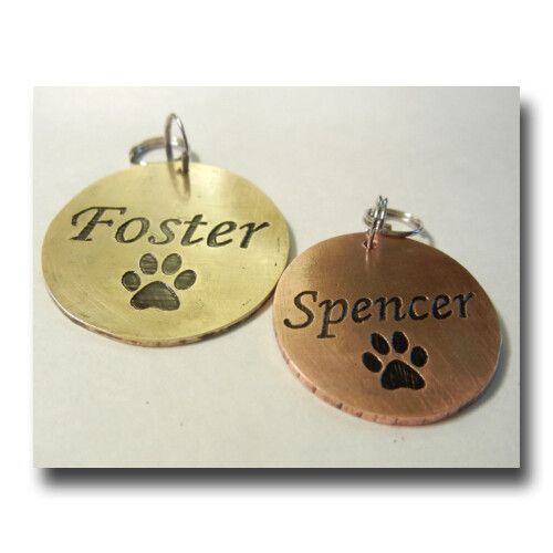 Engraved Name and Paw Print Pet ID Dog Name Tag Free Engraving Copper Brass Nick