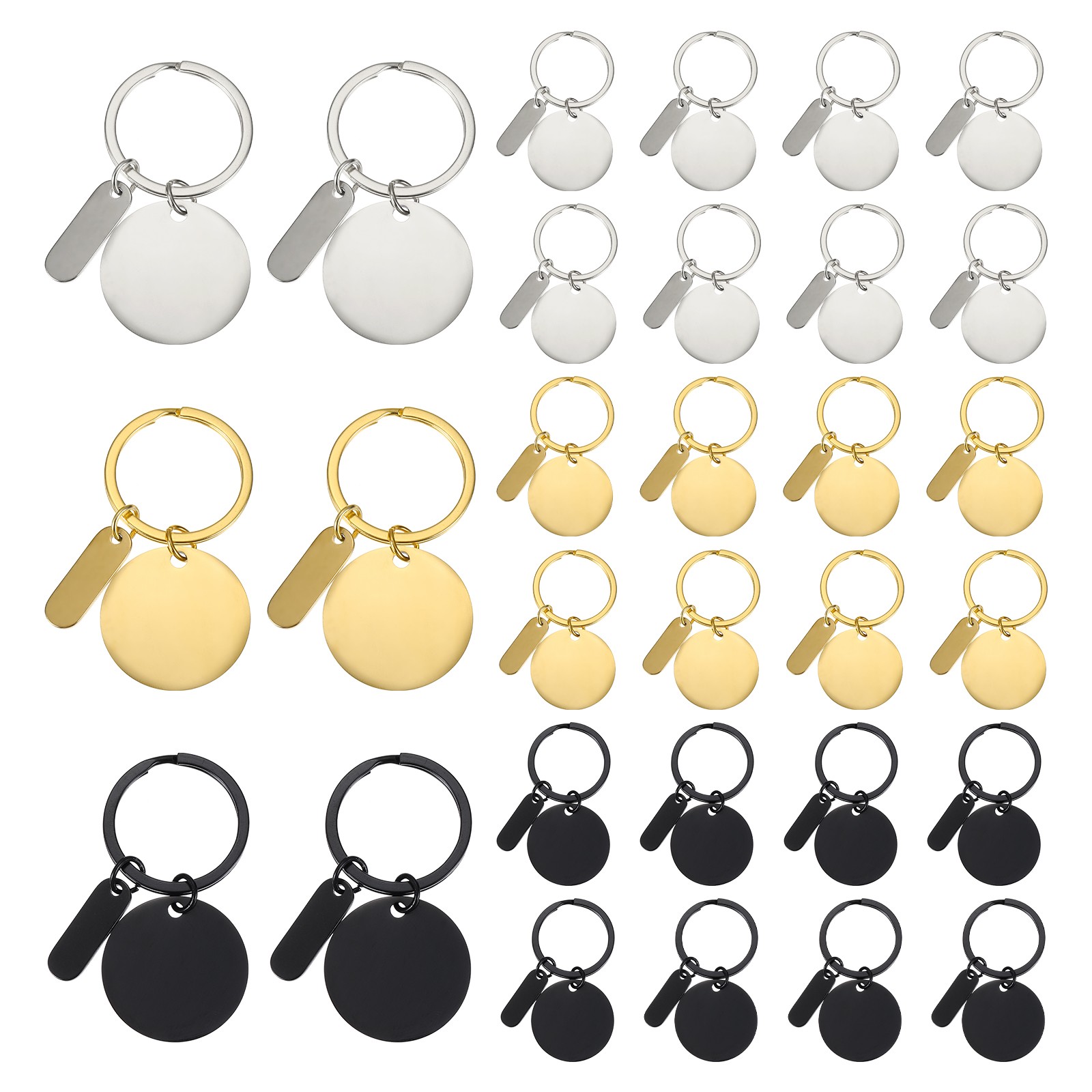 30Pcs Metal Engraving Keychain Blanks, Gold Tone/Silver Tone/Black(Round)