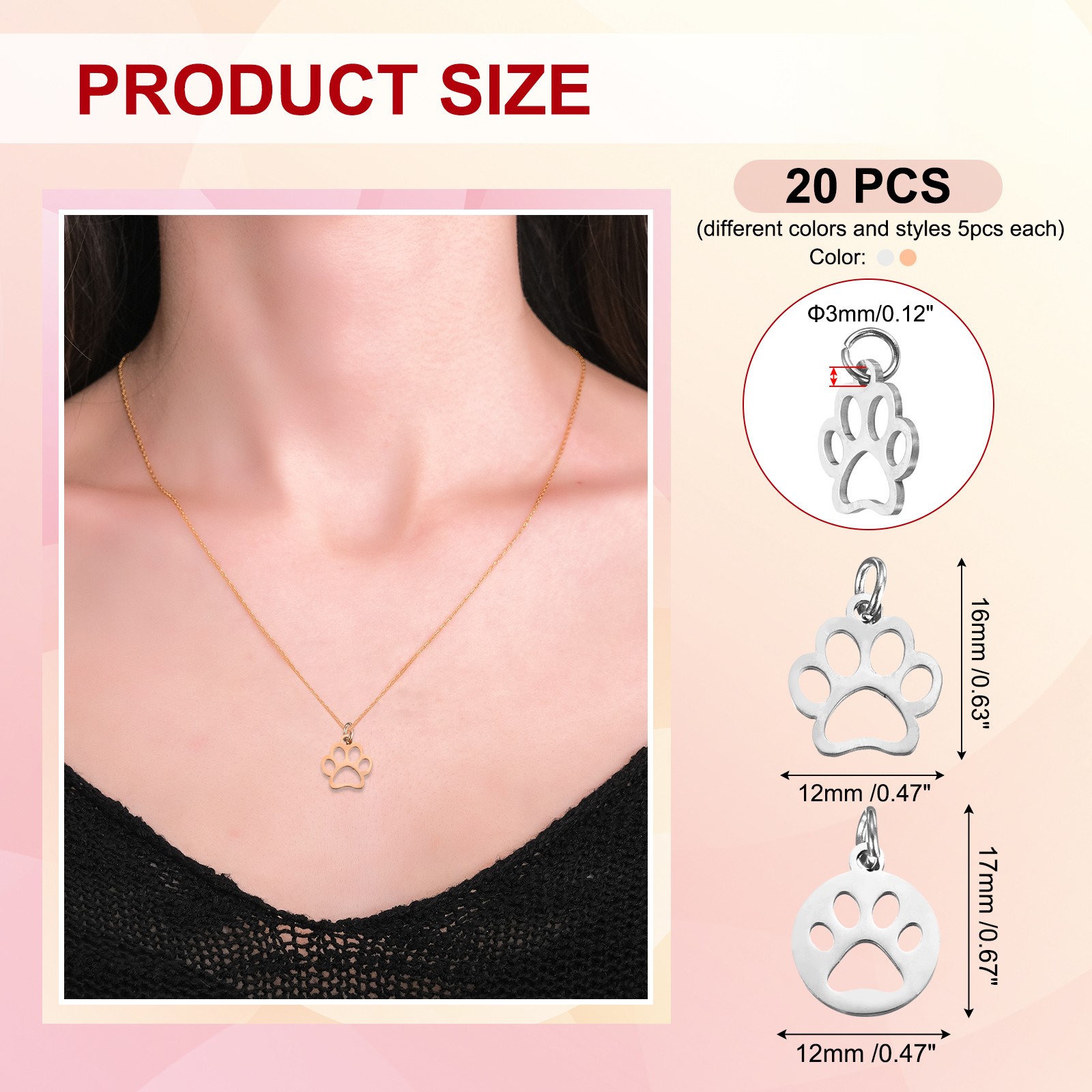 Dog Paw Print Charms Set 3mm, 20 Pcs Cat Dog Paw Pendant, Silver/Rose Gold