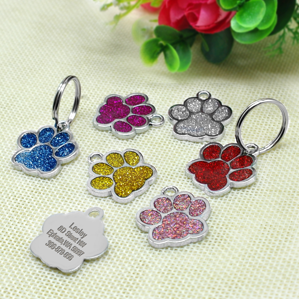 Personalized Dog Tags Engraved Cat Puppy Pet ID Name Collar Tag Bone/Paw Glitter
