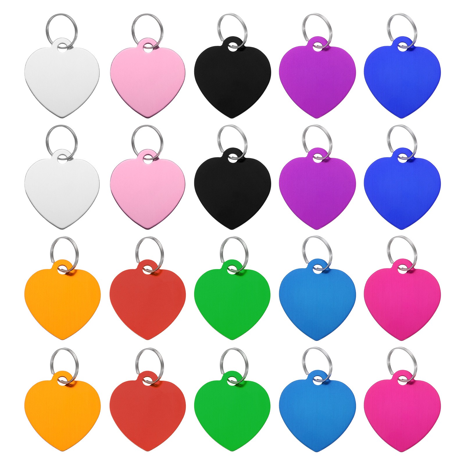 20 x Pet ID Tags Metal Engraving Tags Heart-Shape 10 Color Blank Key Rings