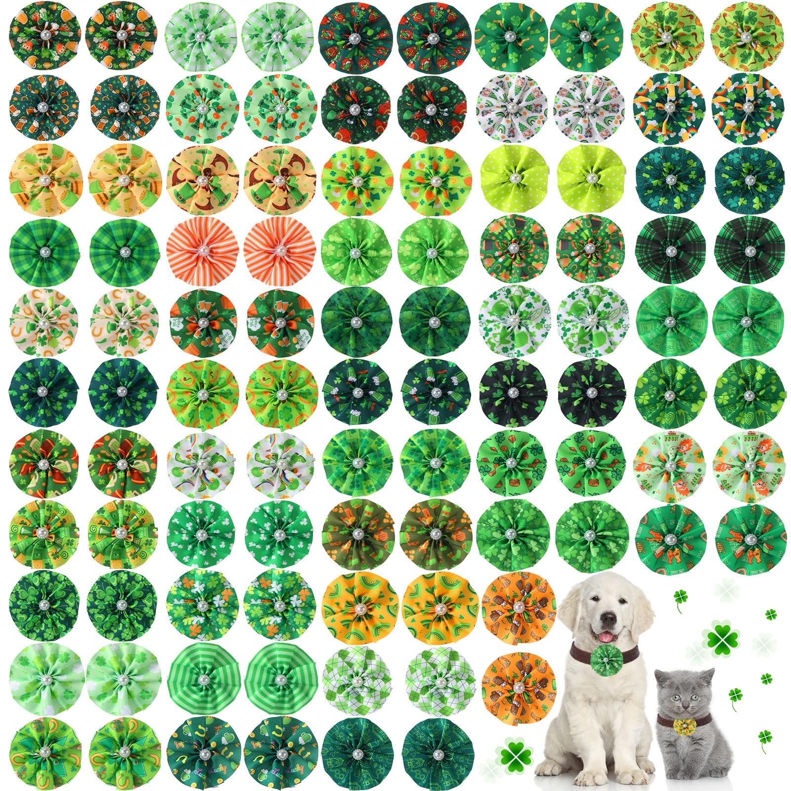 Sweetude 100 Pcs St. Patrick’s Day Dog Collar Flowers Charms Bulk Shamrock Pe…