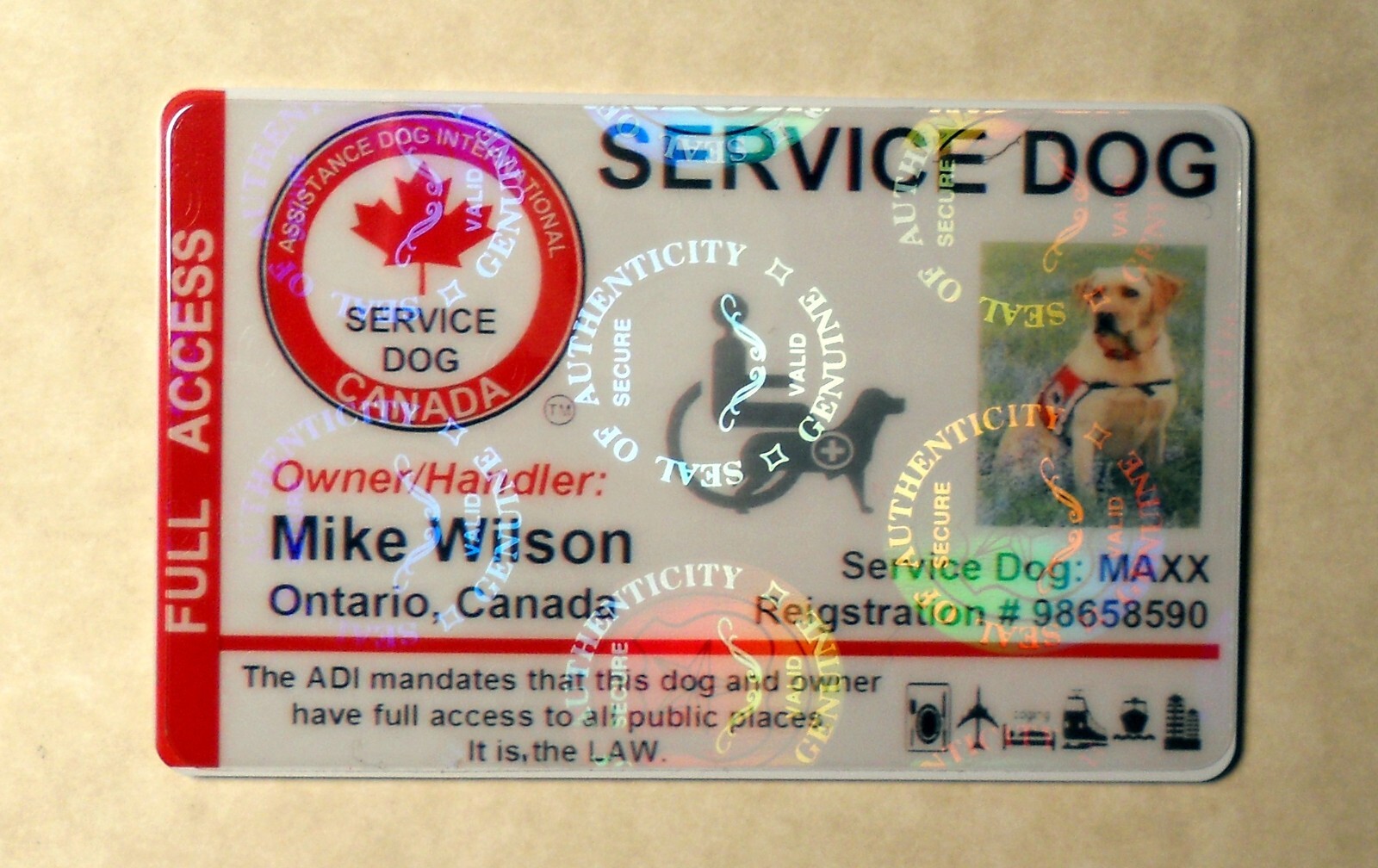 HOLOGRAPHIC CANADIAN SERVICE DOG ID CARD – ASSISTANCE DOG ID BADGE for Canada