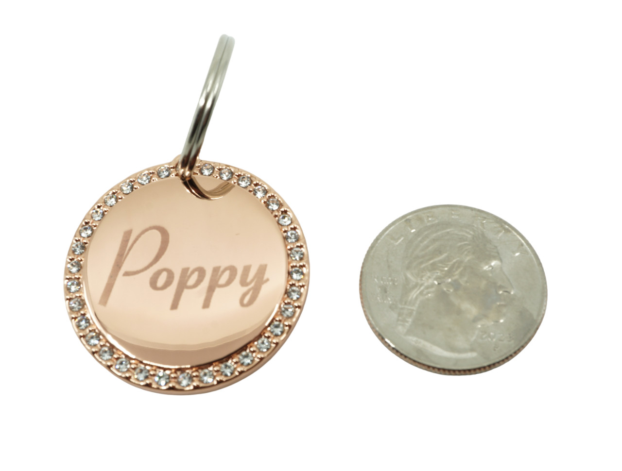 Custom Engraved Personalized Round Rose Gold-Plated Rhinestones Pet Dog ID Tag