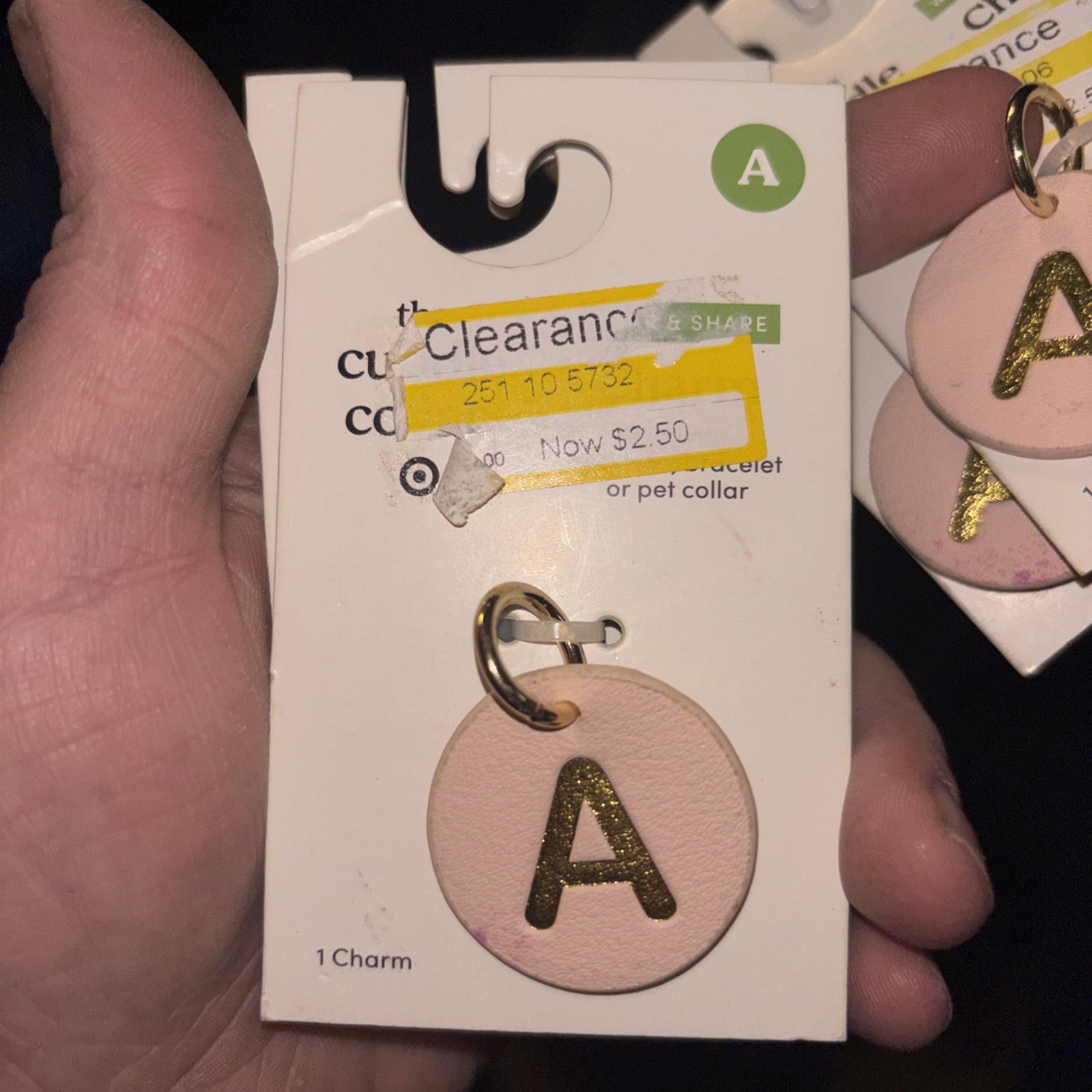 The Cuddle Collab Pet Charm; Gold “A” On Pale Pink Round Charm