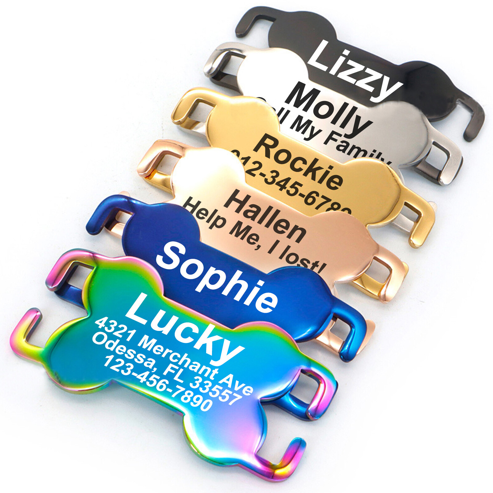 Custom Slide On Bone Dog Tag Personalized Stailess Steel Pet ID Name Cat Tags