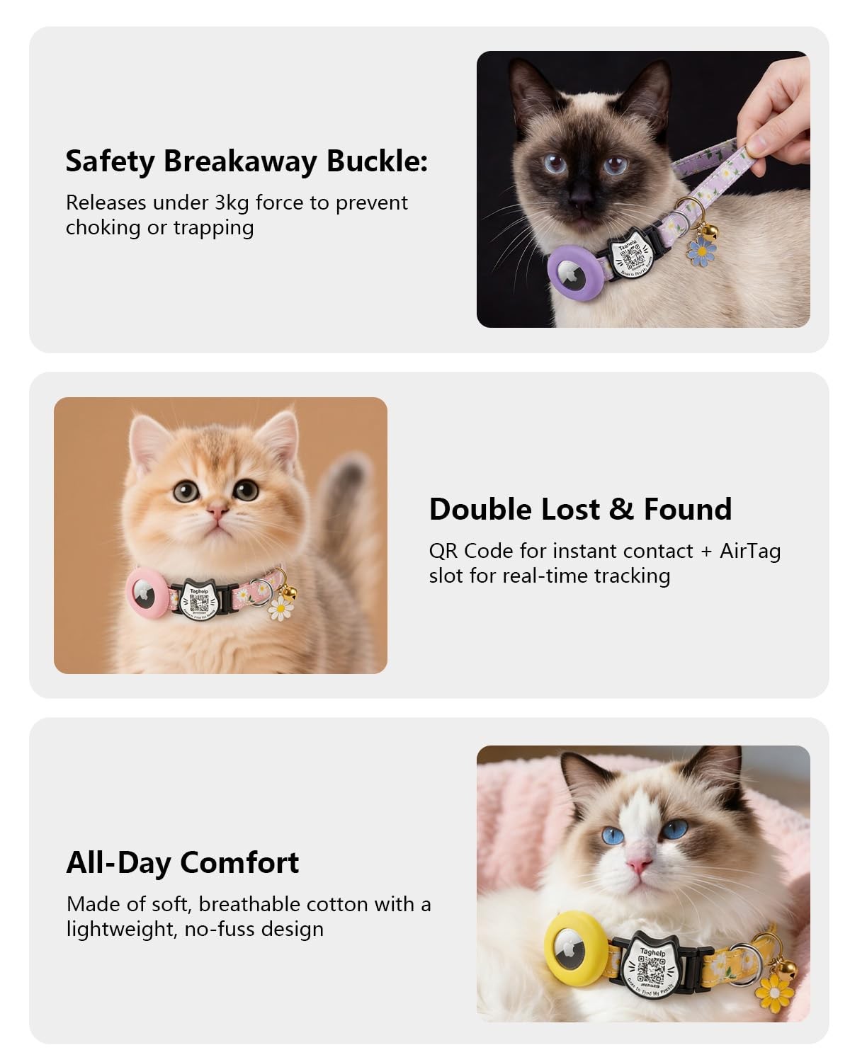 Breakaway Cat Collar with QR Code ID & AirTag Holder, Adjustable Cotton Kitte…