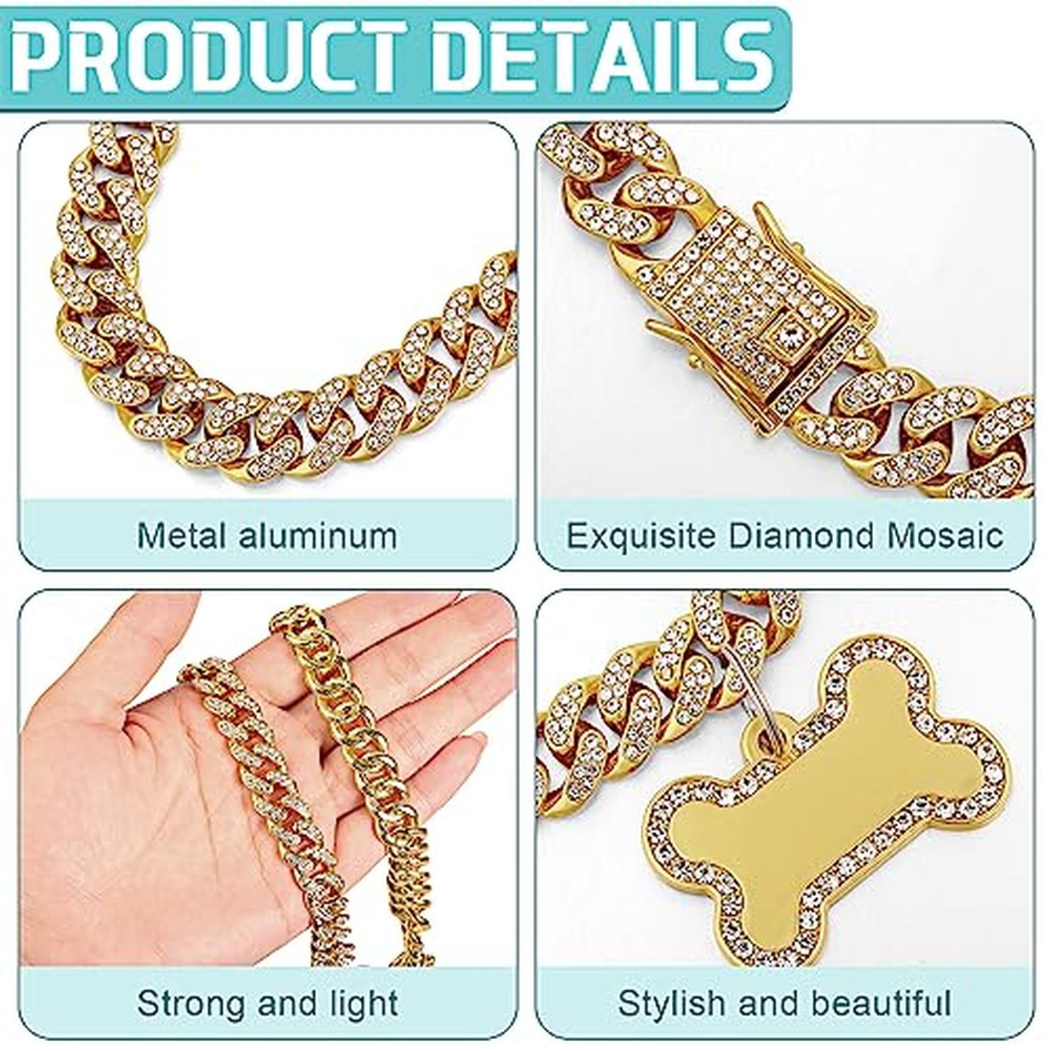 Hillban Golden Dog Chain Diamond Collar Necklace with Pet ID Jewelry Tags Rhi…