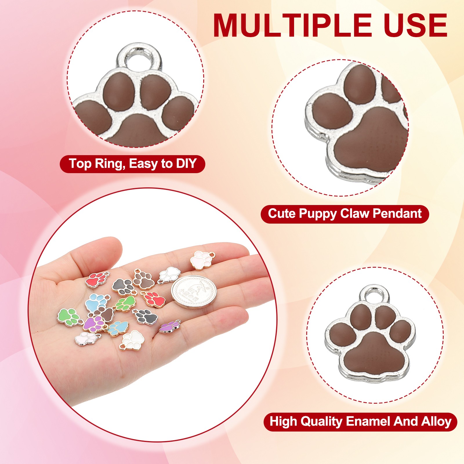 Enamel Paw Print Charm, 100Pcs Alloy Enamel Pendants , Coffee/silver
