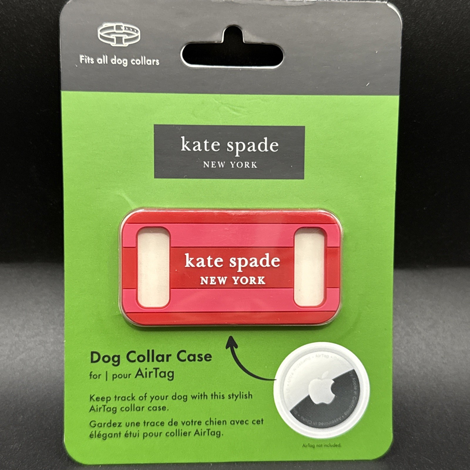 Kate Spade New York Airtag Dog Collar Holder – Seaside Stripe Red Pink NWT