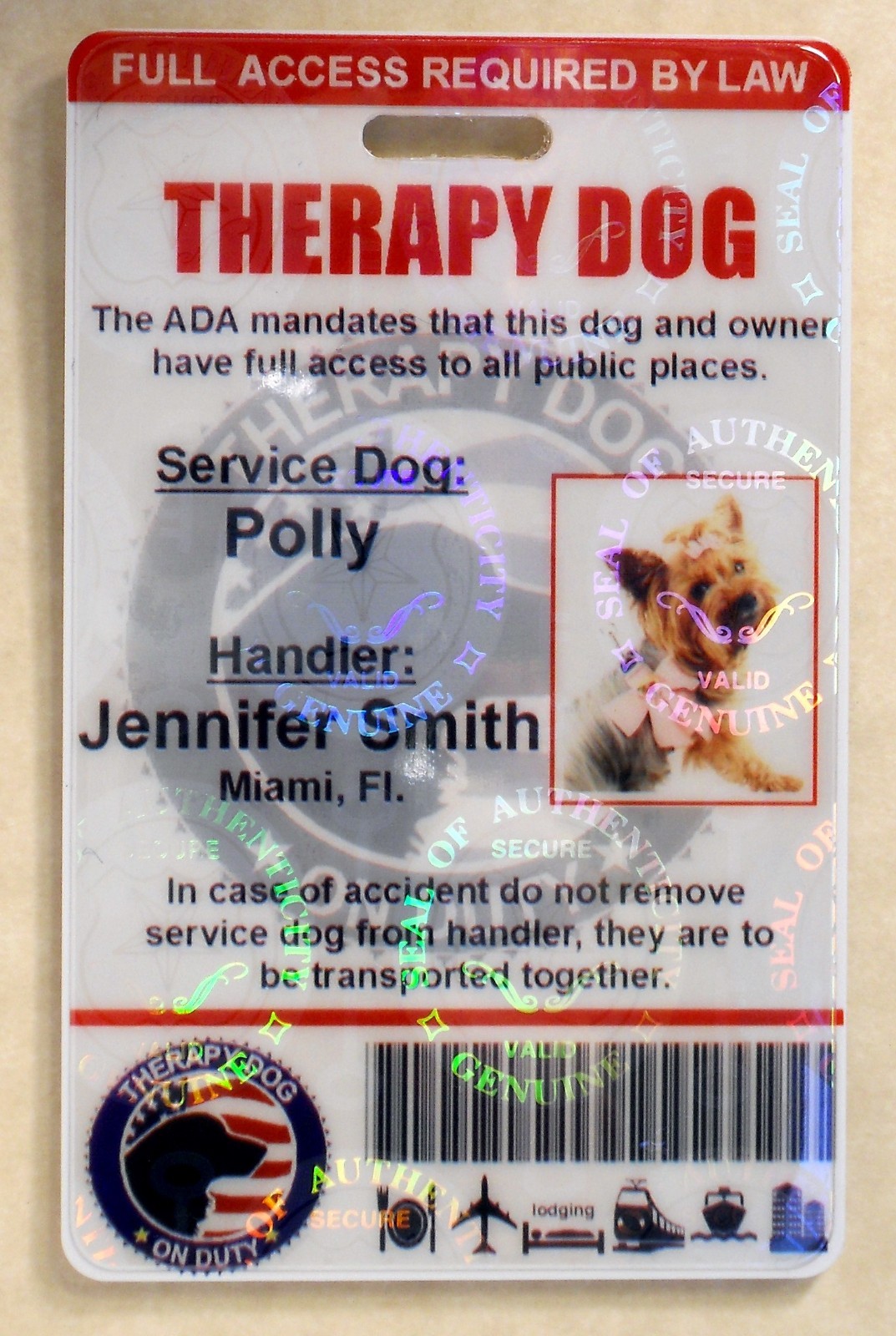 HOLOGRAPHIC THERAPY SUPPORT DOG ID CARD FOR SERVICE DOG ADA RATED 0THR