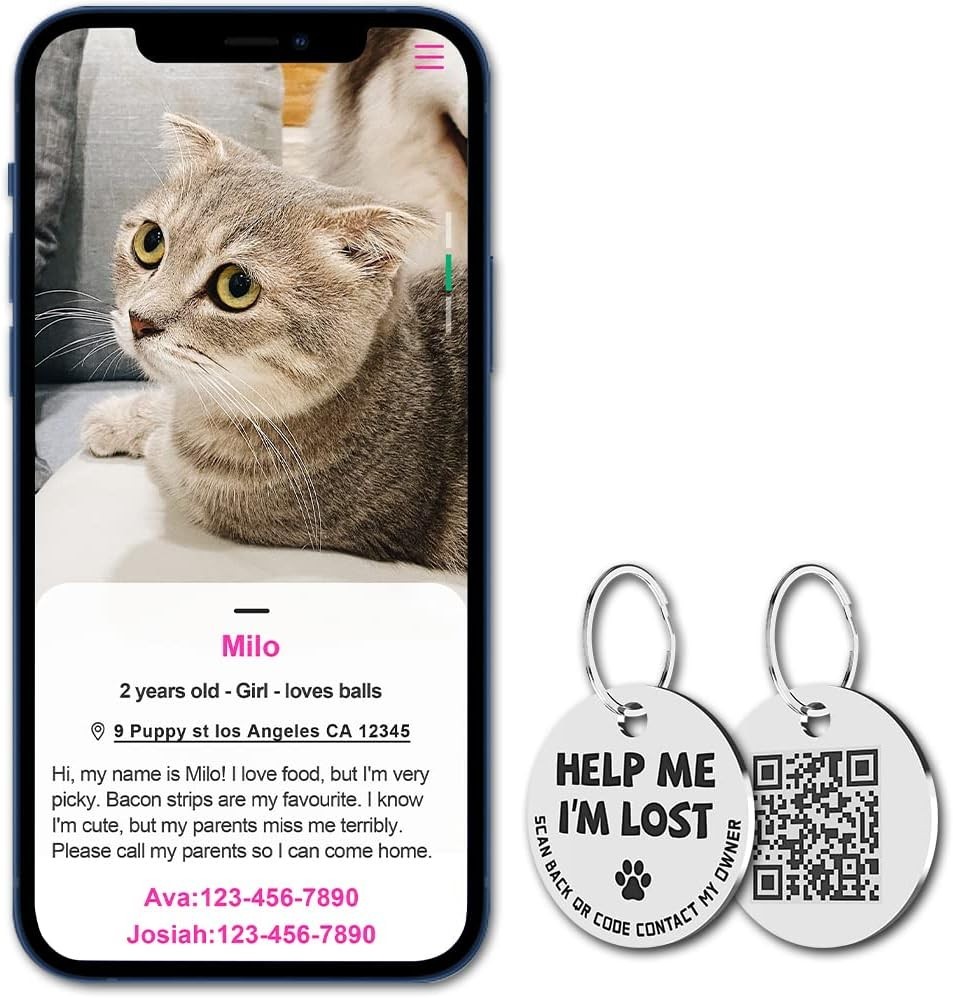 MYLUCKYTAG QR Code Stainless Steel Dog ID Tag, Dog Collar Tag with Engraved P