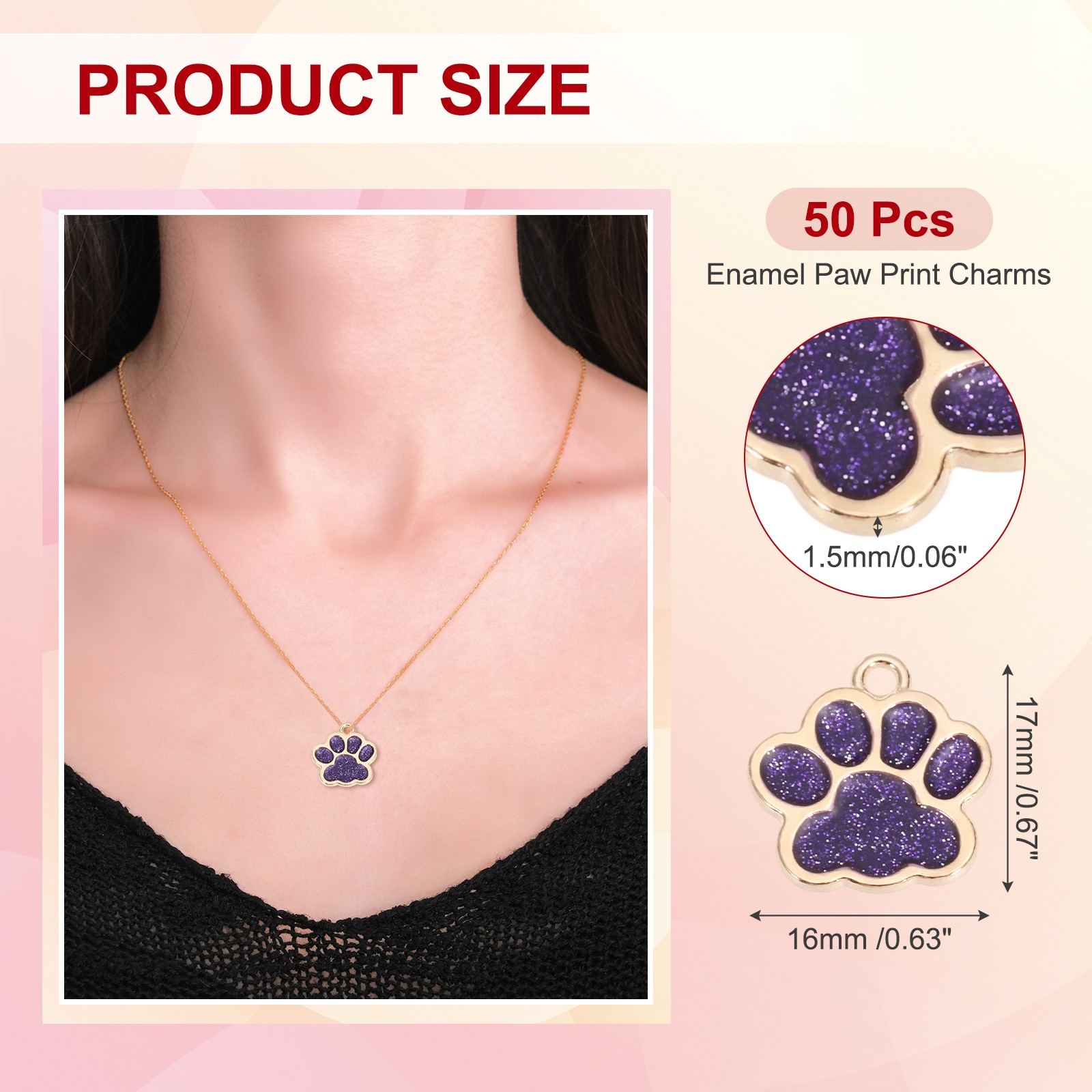 Enamel Paw Print Charms with Glitter Powder, 50Pcs(Gold Tone/Purple)