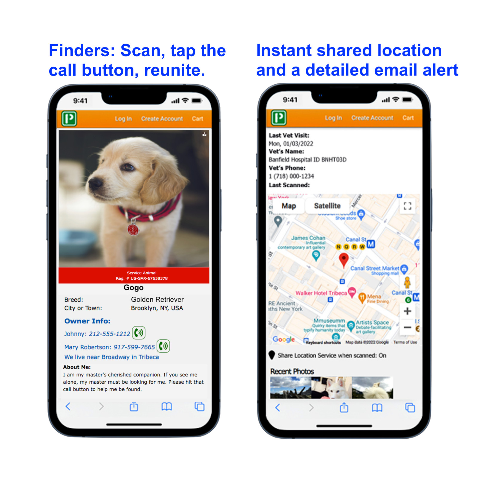Pet Dwelling Service Dog ID Tag-Online Profile-Instant Scan Location Email Alert