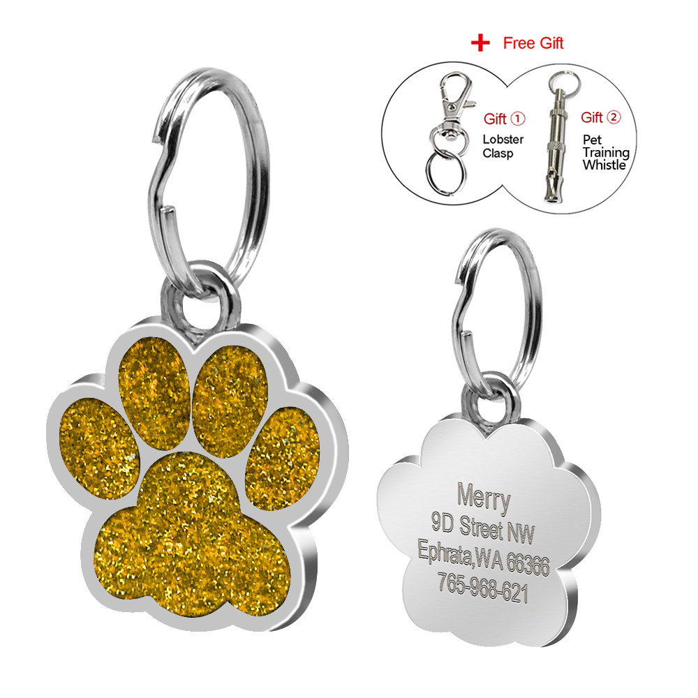 Personalized Dog Tags Engraved Puppy Pet ID Name Collar Tag Paw Glitter+ Whistle