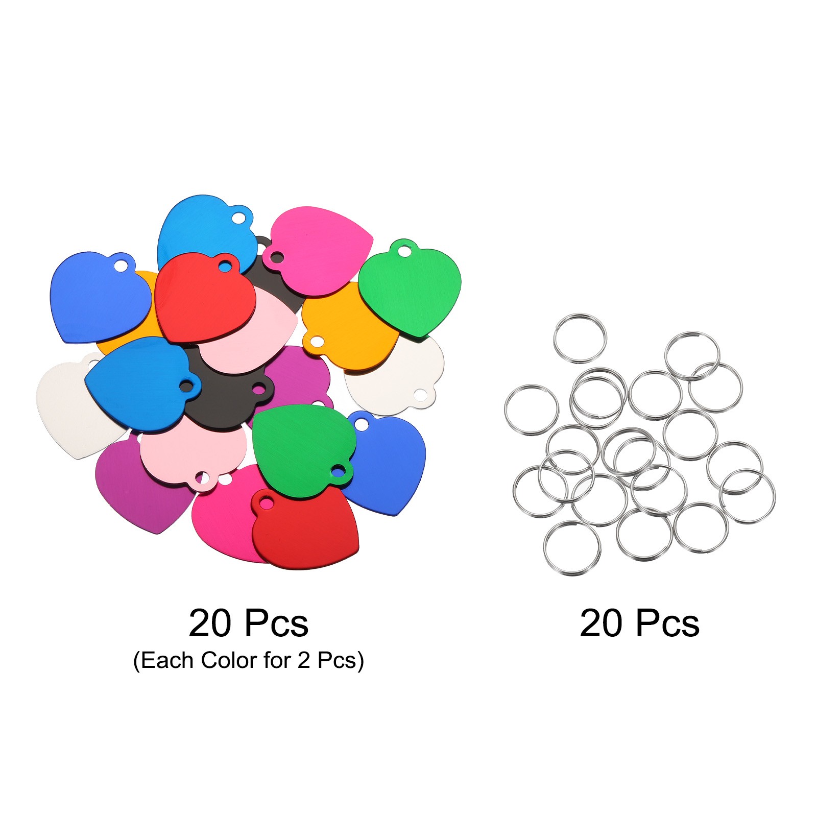 20 x Pet ID Tags Metal Engraving Tags Heart-Shape 10 Color Blank Key Rings