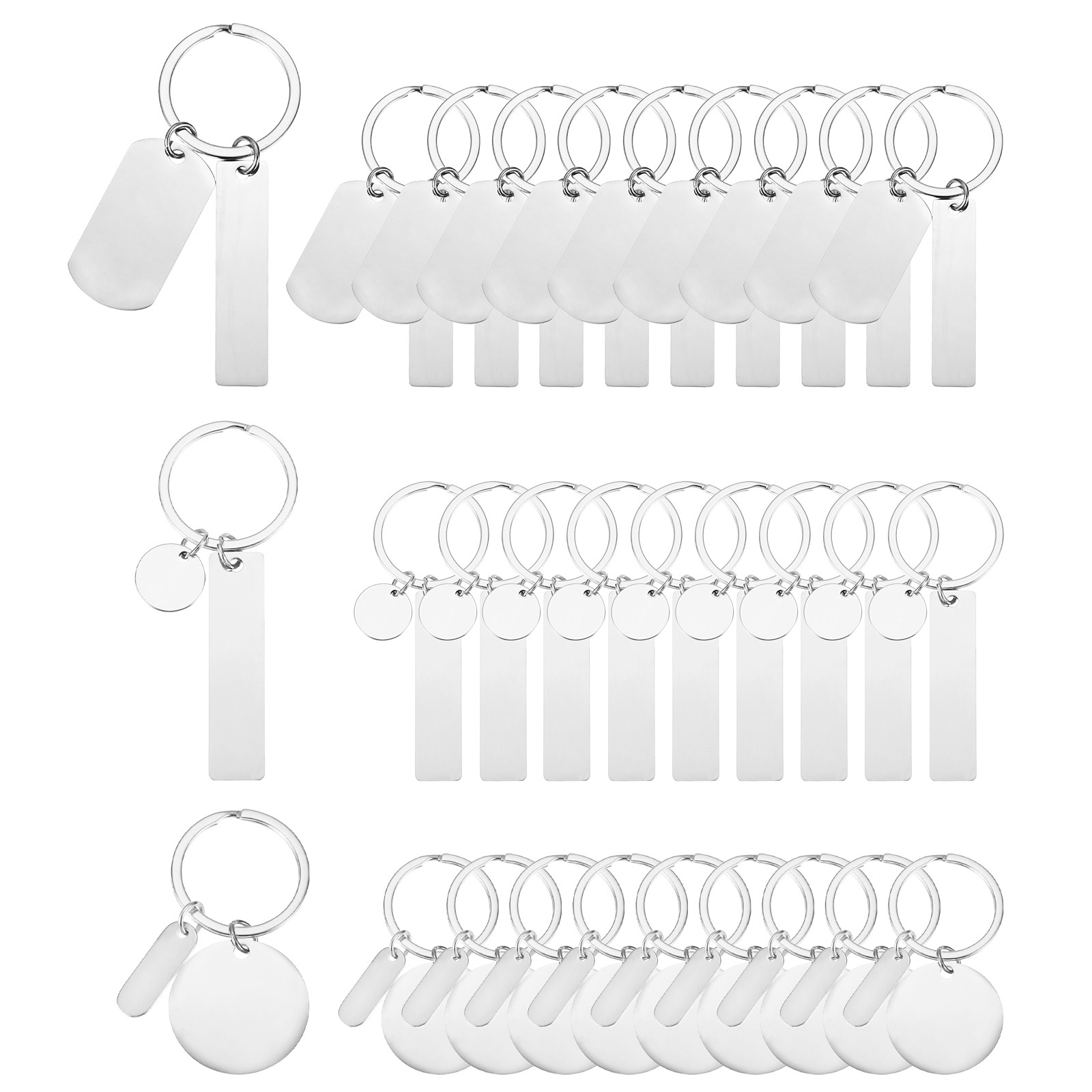 30Pcs Metal Engraving Keychain Blanks, Silver Tone(3 Styles)