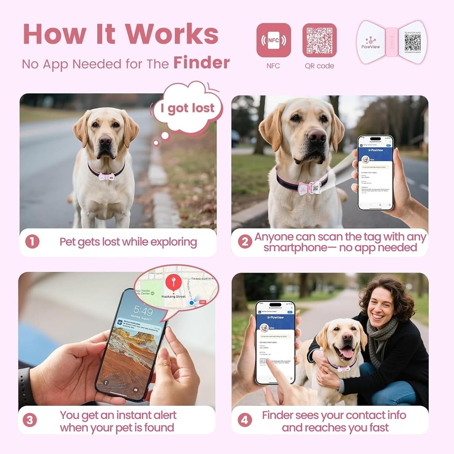 Smart Pet ID Tag, QR Code Dog Tag, No Subscription Fee, Waterproof Silent Sil…