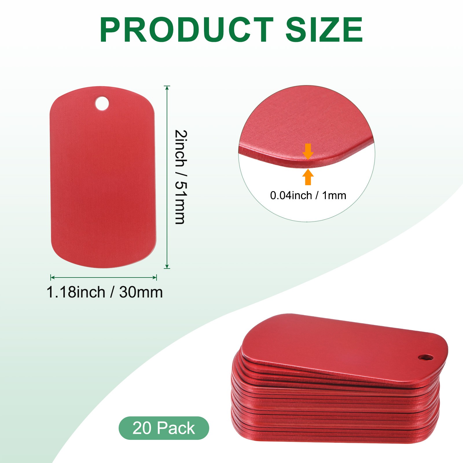 20-Pack 2″ x 1.18″ x 0.04″( L x W x T ) Blank Dog Tags [Red, 1 Hole]