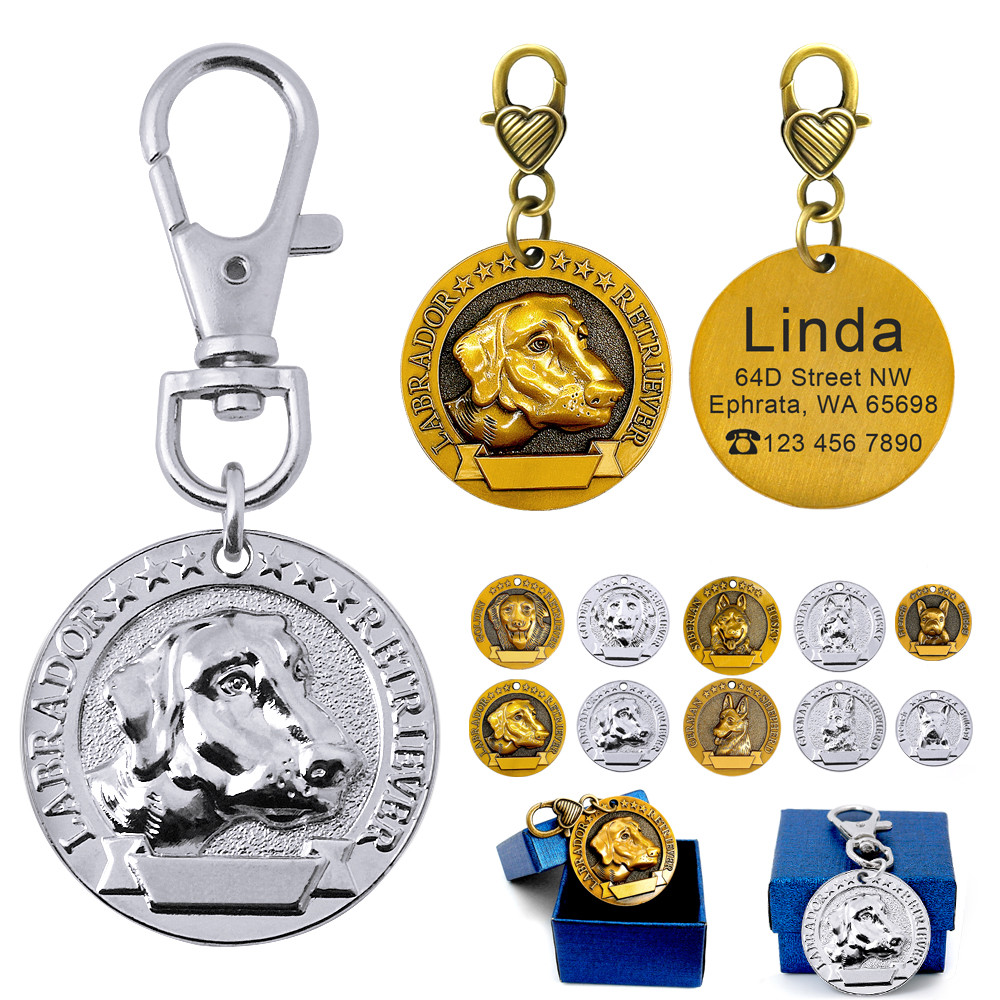 Dog Breeds Personalized Dog Tag 3D ID Custom Free Name Engraved Brass Silver