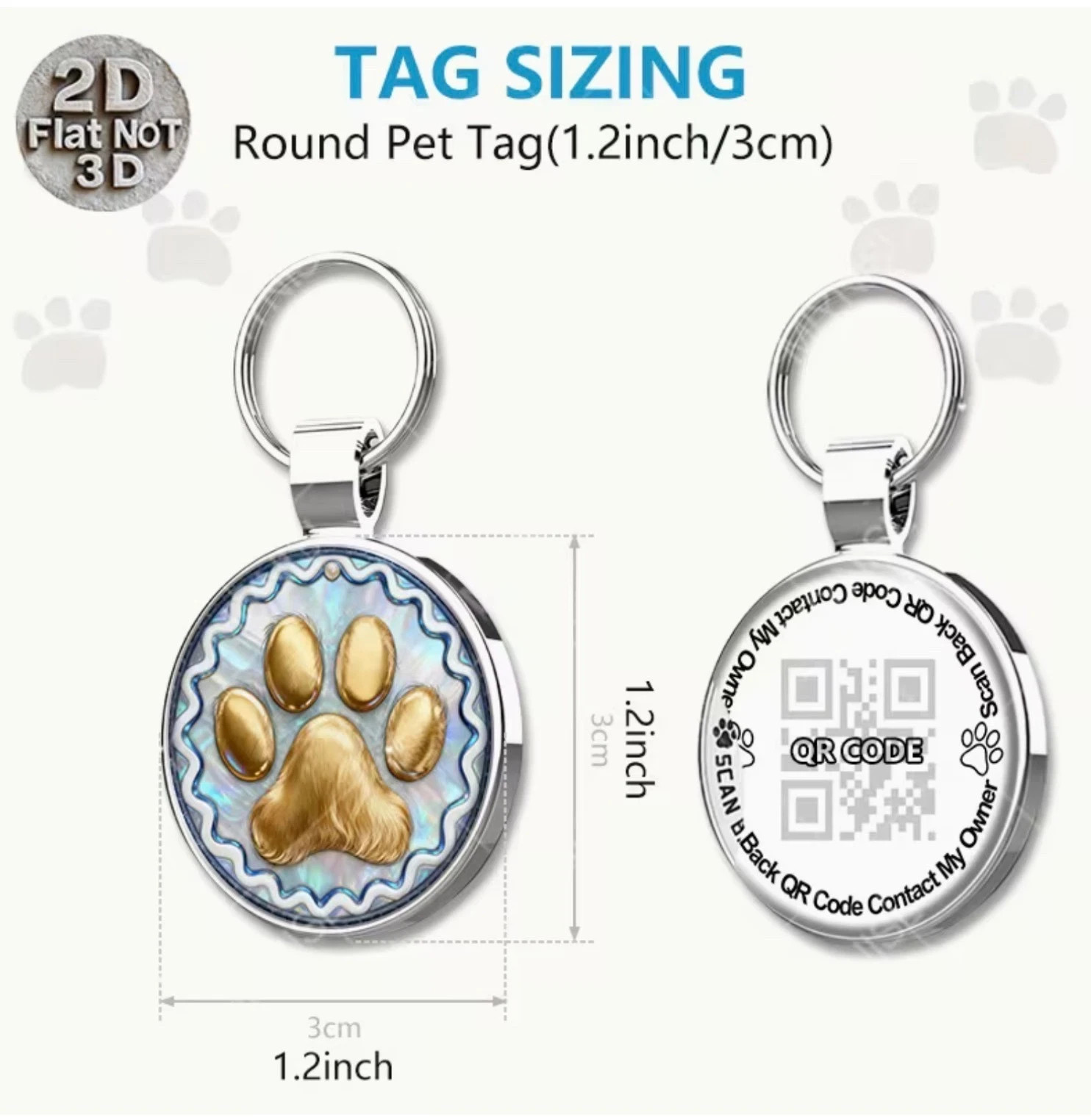Pet Tag With QR Code- Gold Paw on Pearl Shell, Scan to Contact Owner!