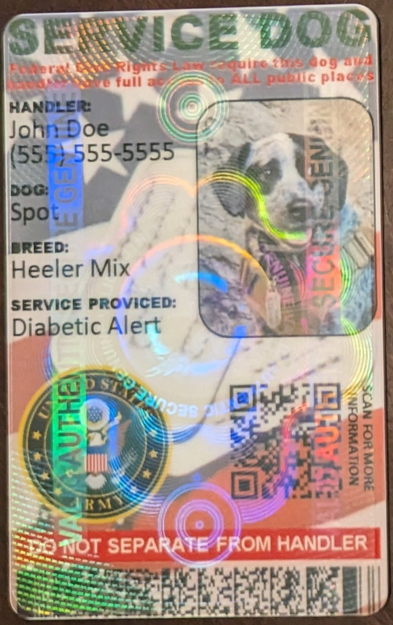 HOLOGRAPHIC SERVICE DOG ID MILITARY VETERANS SINGLE SIDED PHYSICAL & DIGITAL