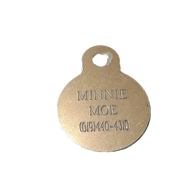 Vintage dog tag named Minnie Moe silver colored