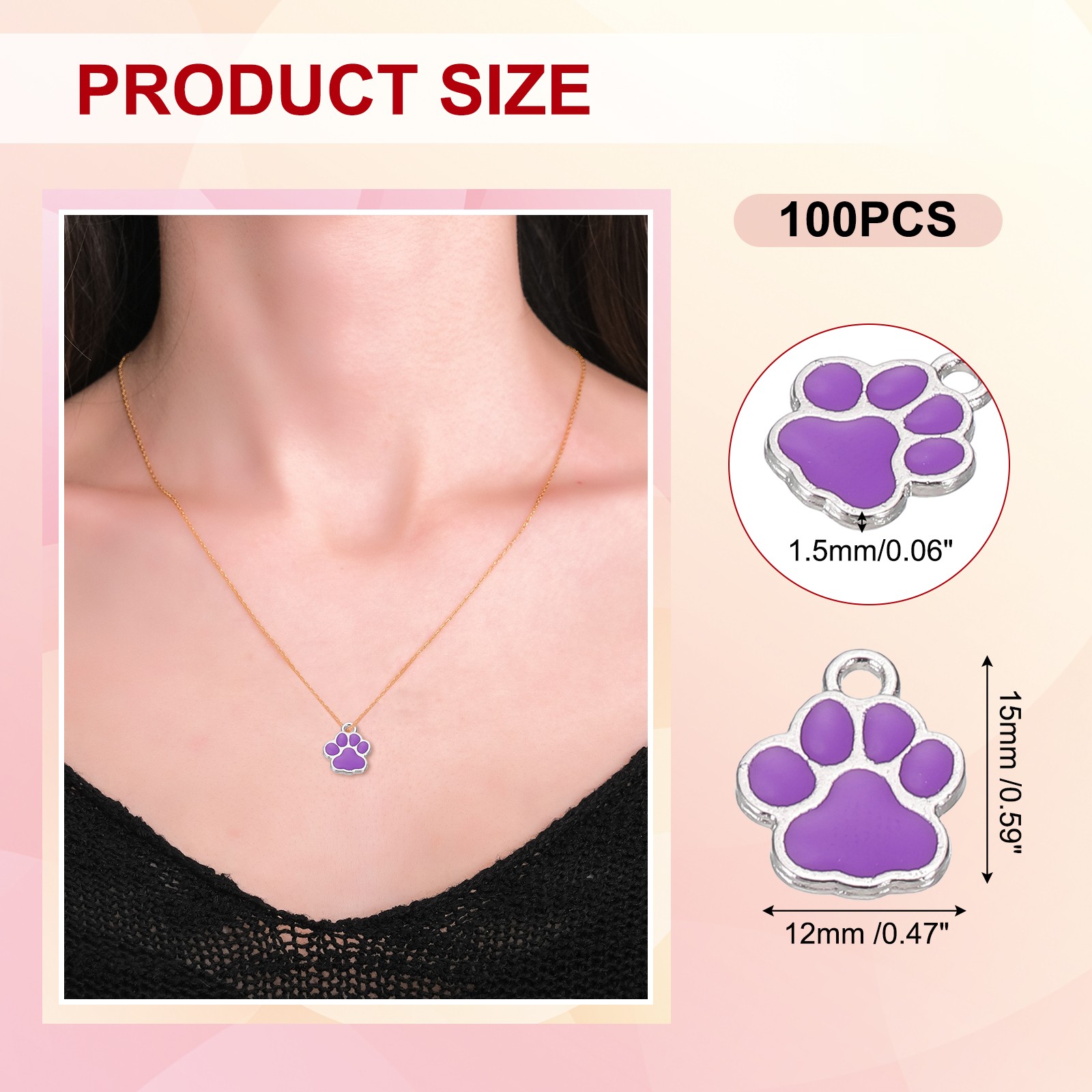 Enamel Paw Print Charm, 100Pcs Alloy Enamel Pendants , Purple/silver