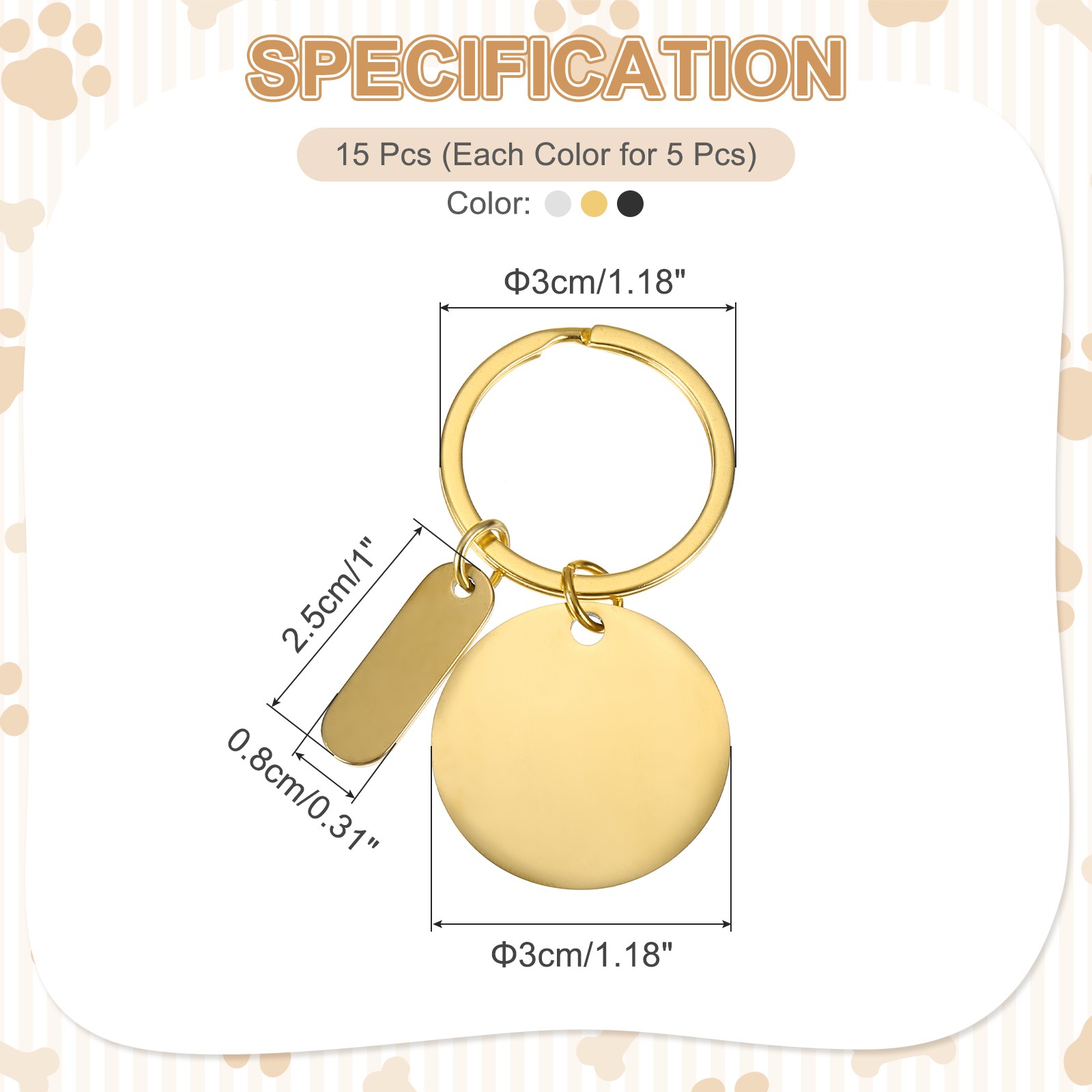 15Pcs Metal Engraving Keychain Blanks, Gold Tone/Silver Tone/Black(Round)
