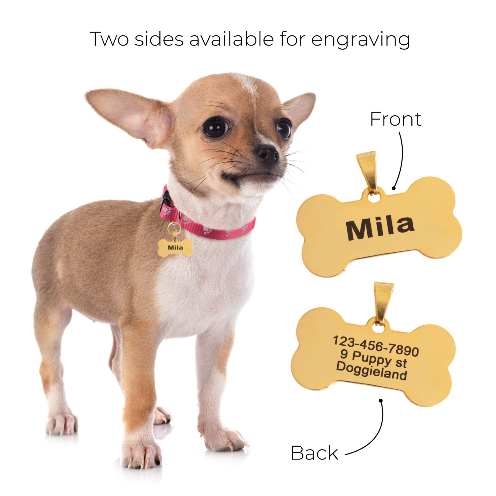Personalized Stainless Steel Cute Shiny Bling Custom Bone Shape Pet Tag ID