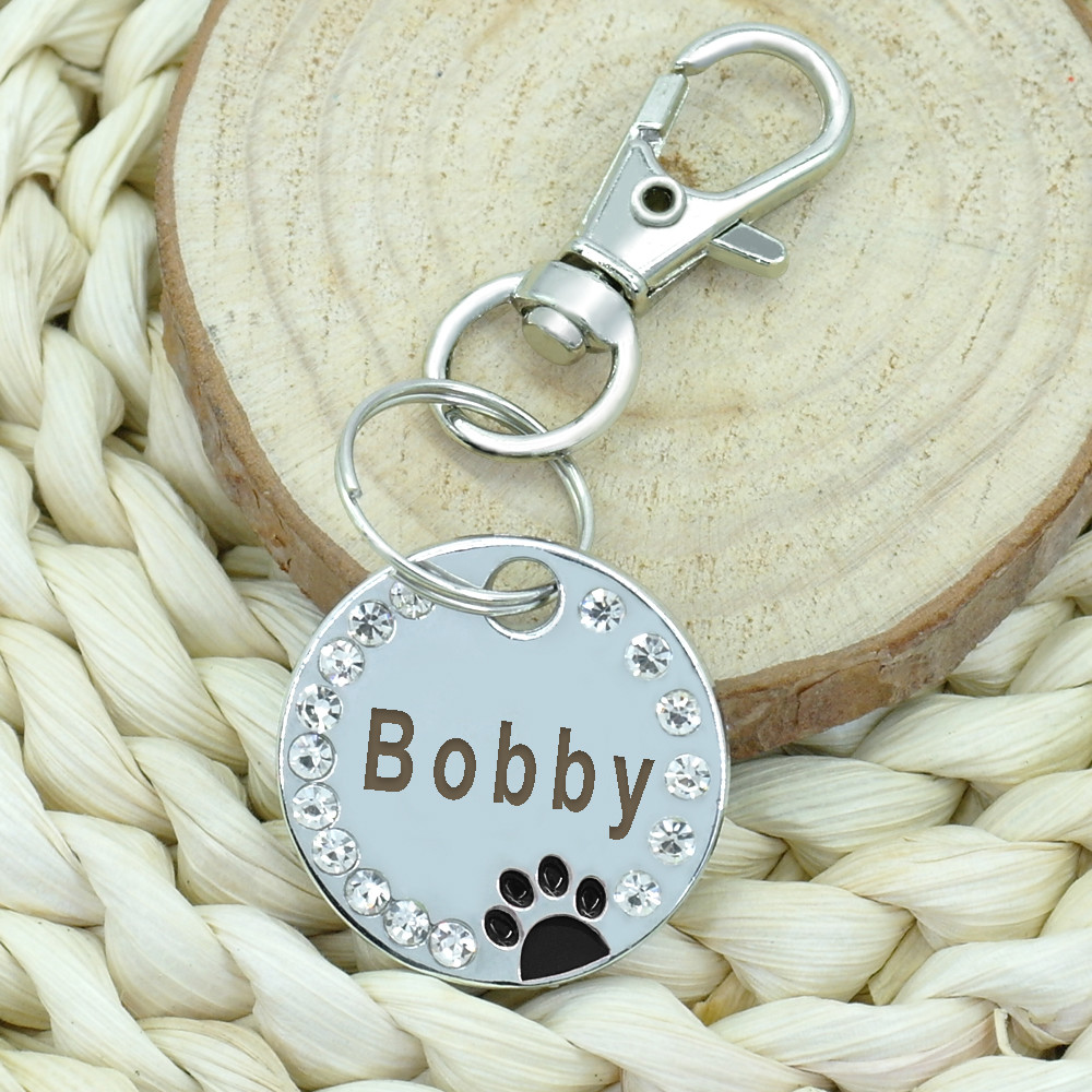 Paw Rhinestone Personalized Dog Tags Pet Cat ID Name Tag Engraved Free Hair Bows