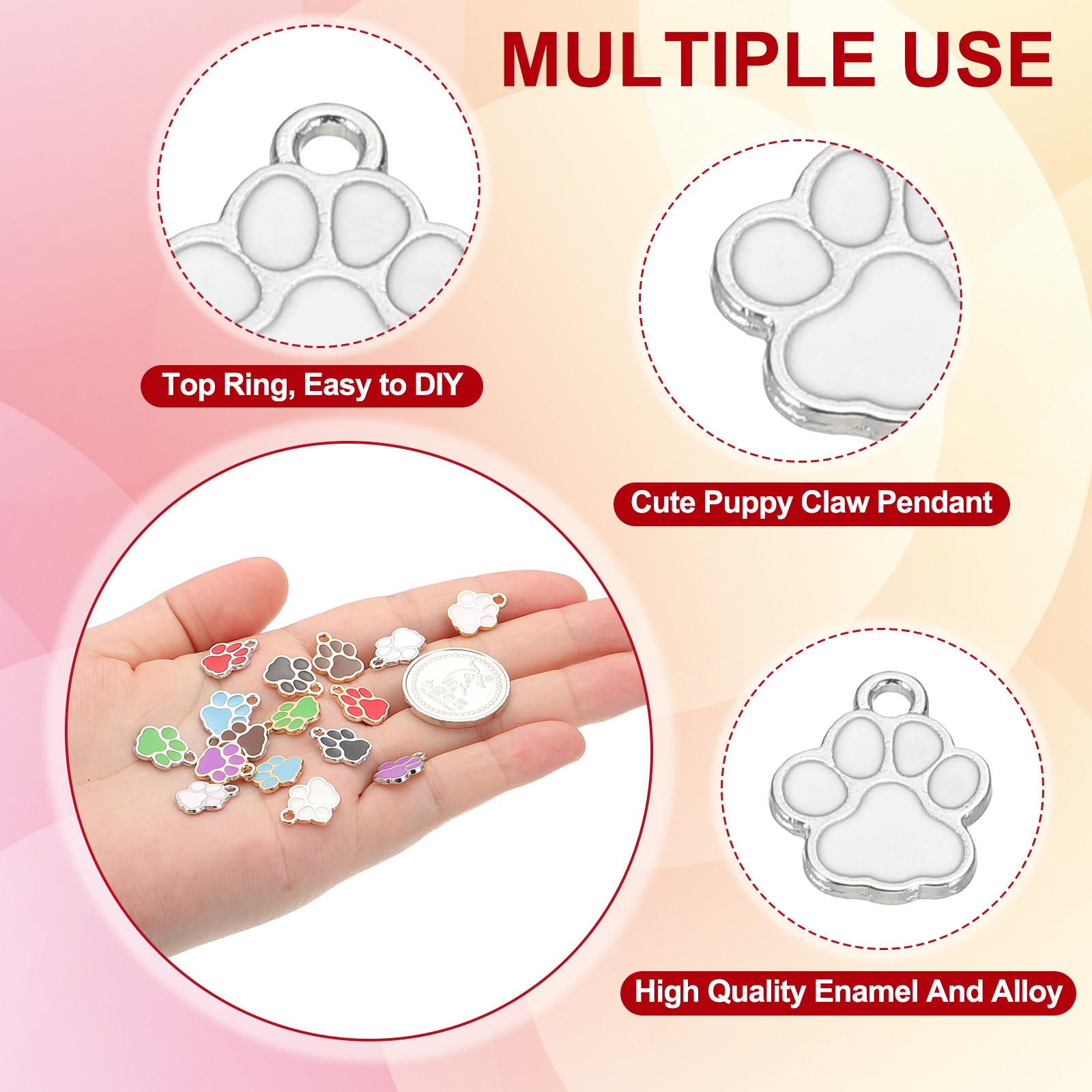 Enamel Paw Print Charm, 100Pcs Alloy Enamel Pendants , White/silver