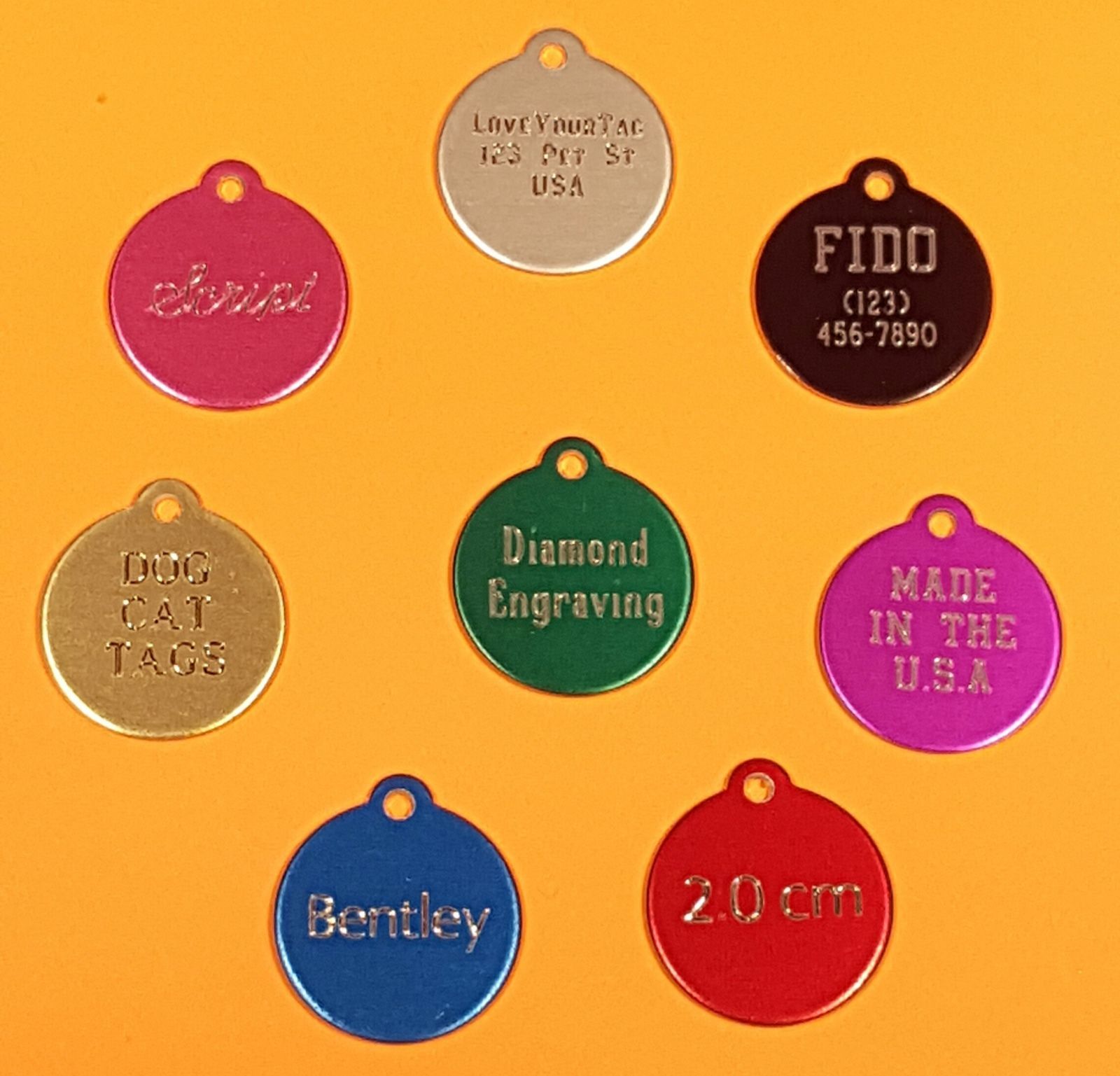 PET TAGS CIRCLE (2.0 CM) ID DOG TAG CUSTOM DIAMOND ENGRAVED 2-SIDED PERSONALIZED