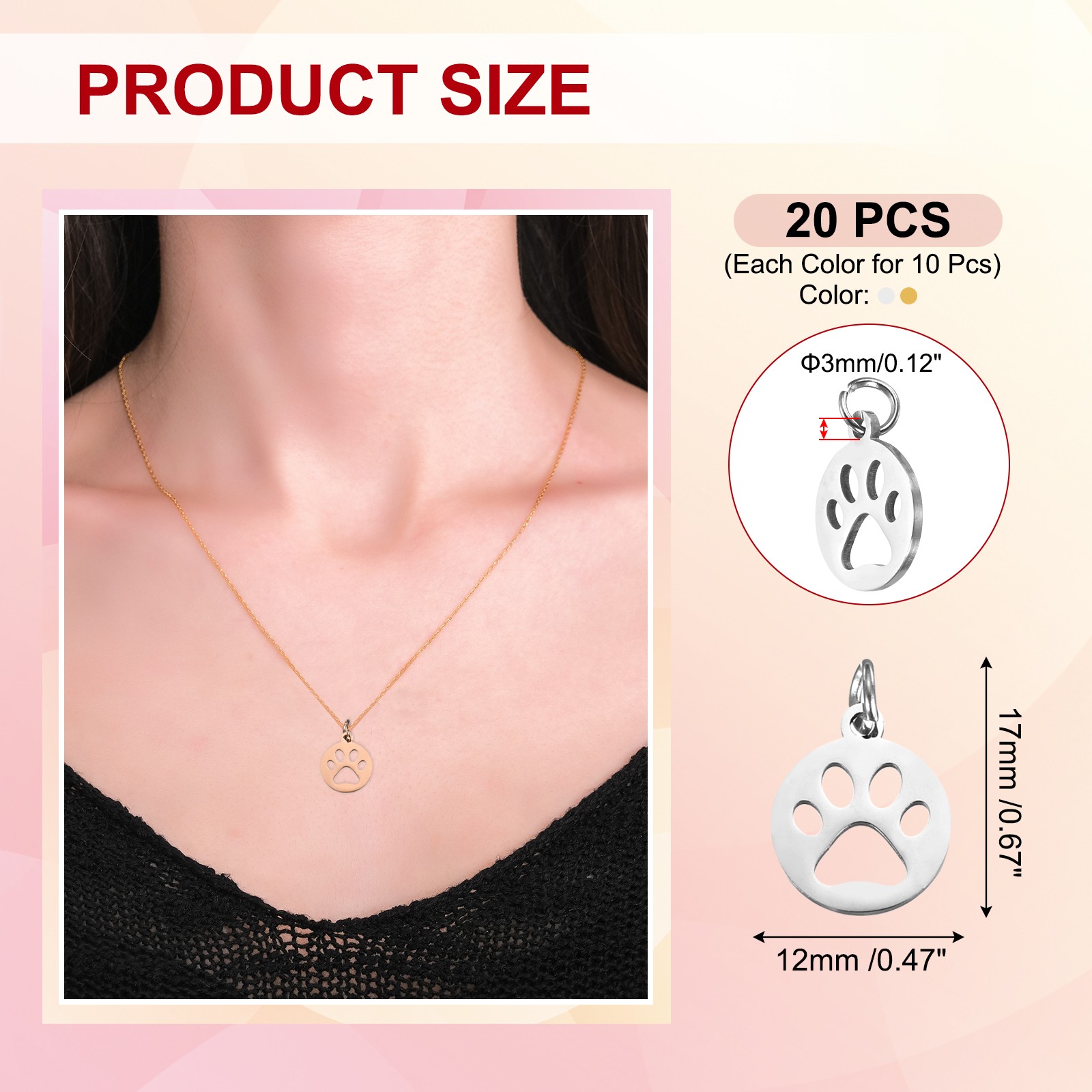 Dog Paw Print Charms 3mm, 20 Pcs Round Cat Dog Paw Pendant, Silver/Gold