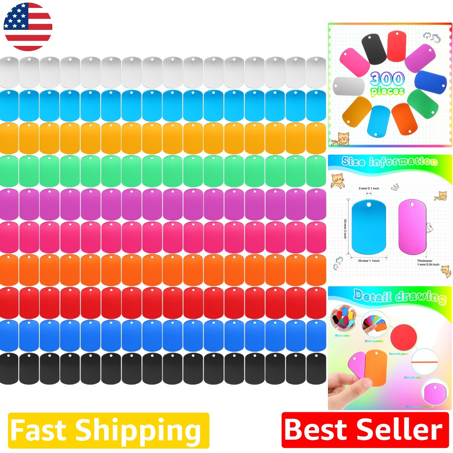 300pc Aluminum Pet Tags Blank DIY Craft Metal Stamping 10 Vibrant Colors